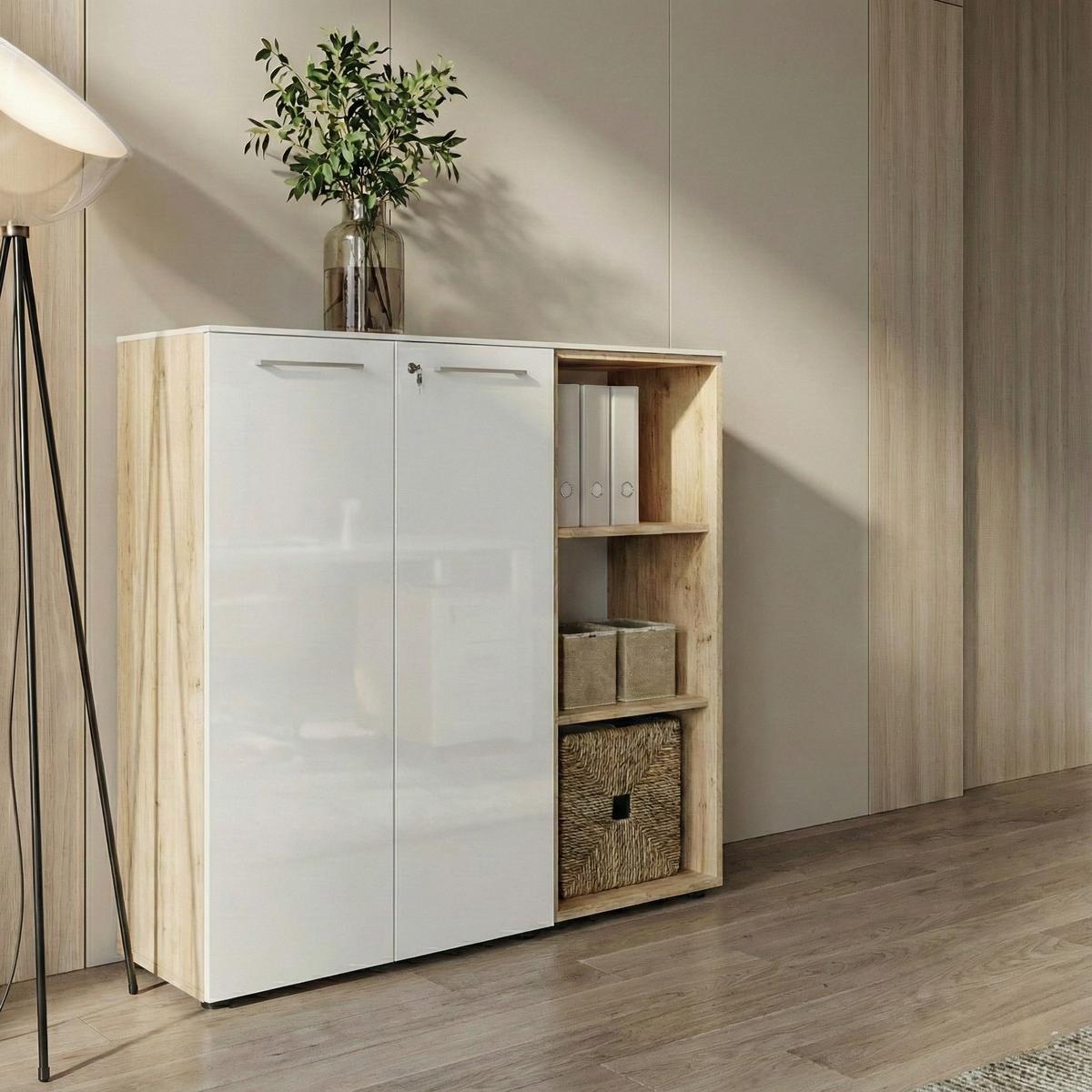 BÜRO-SET MUENCHEN 2-teilig | Kommode x Regal | Glas Front & Abschließbar | Chalet-Eiche-Nb./Weiß - Weiß, Holzwerkstoff/Metall (145/120/37cm) - KADIMA DESIGN