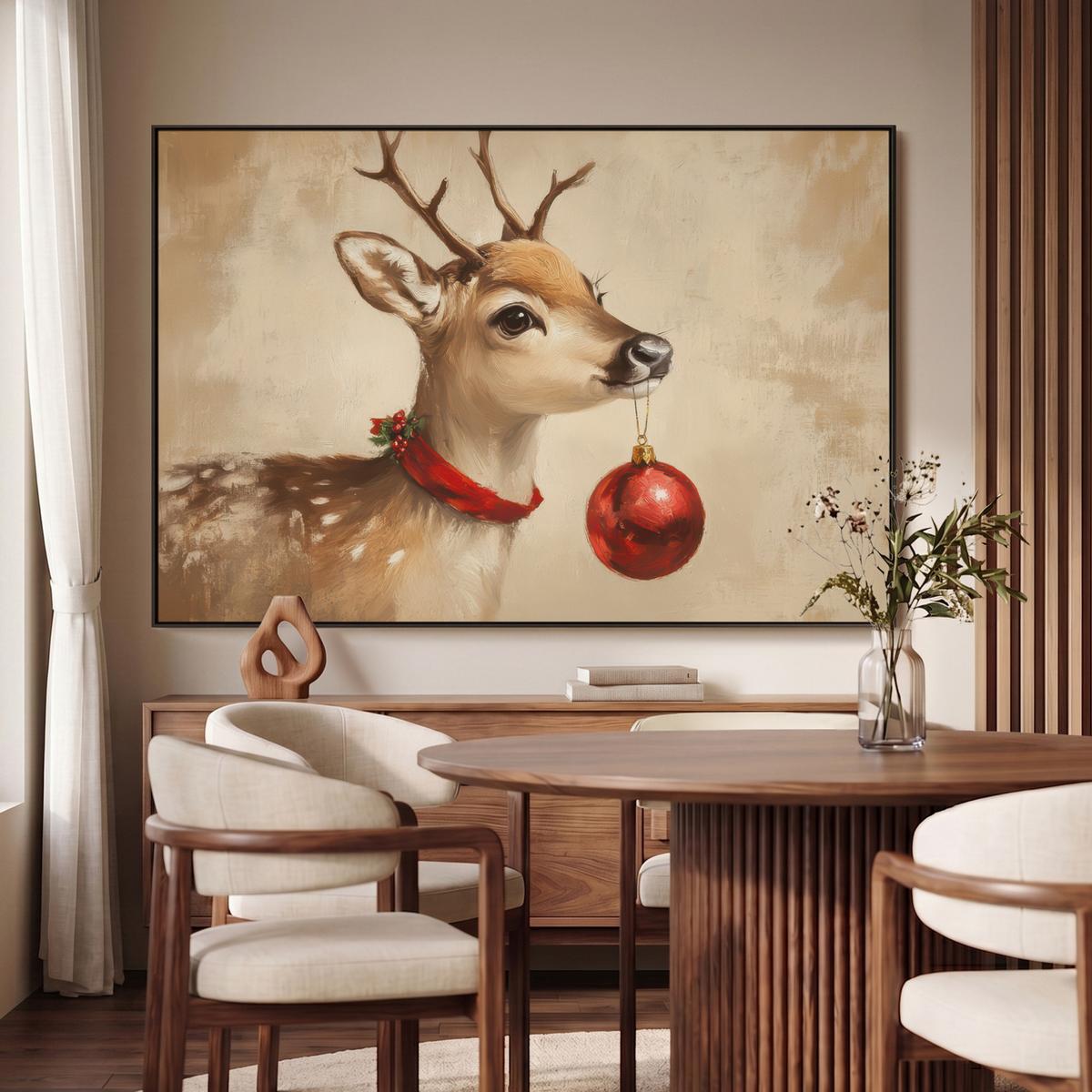 LEINWAND Bilder mit Rahmen - Weihnachten - Hirsch - Geweih - Weihnachtskugel - Rentier - 120x80 - Hellbraun, Textil (120/80cm) - MuchoWow