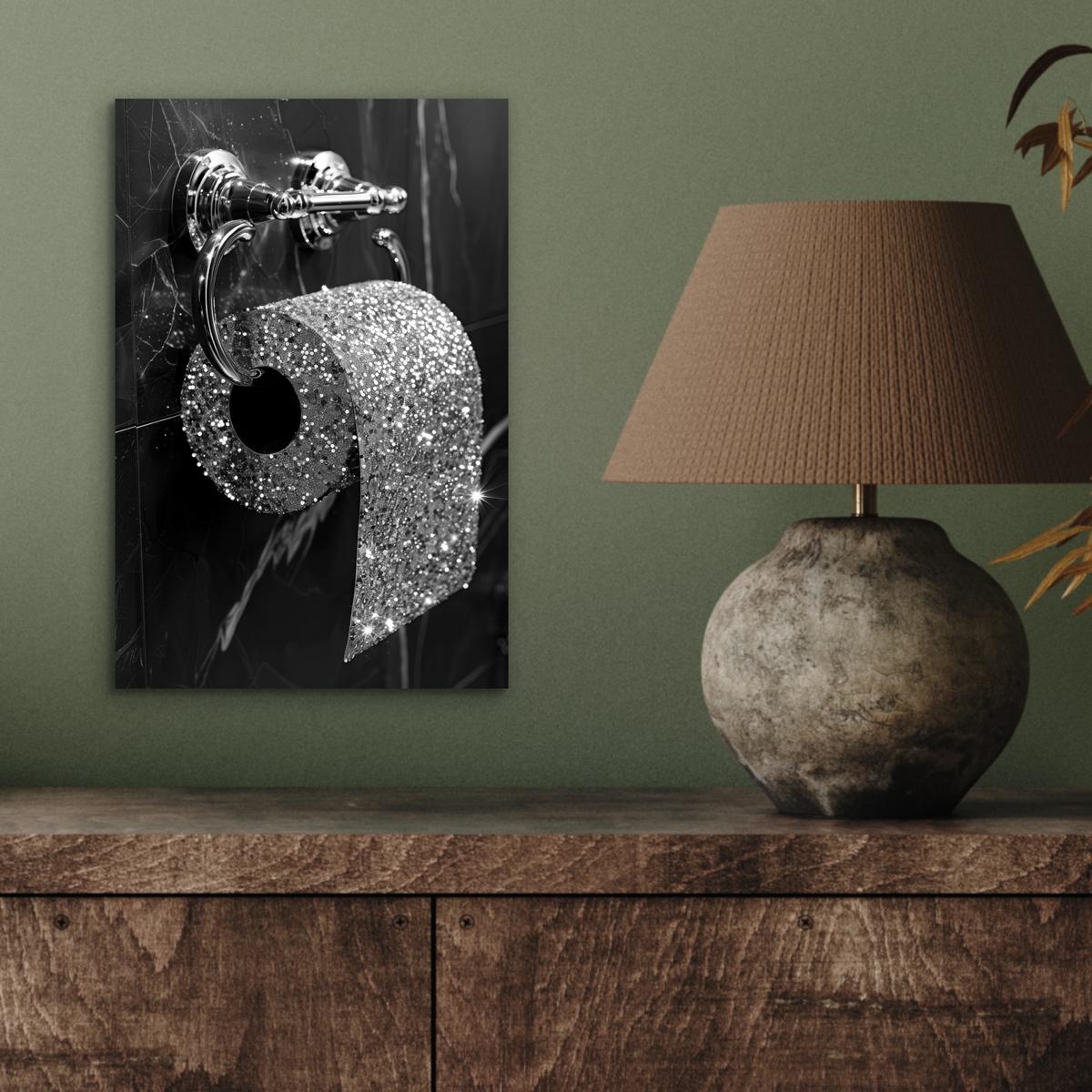 METALLBILD WC - Toilettenpapier - Schwarz und weiß - Glitter 20x30 cm - Silberfarben, Metall (20/30cm) - MuchoWow