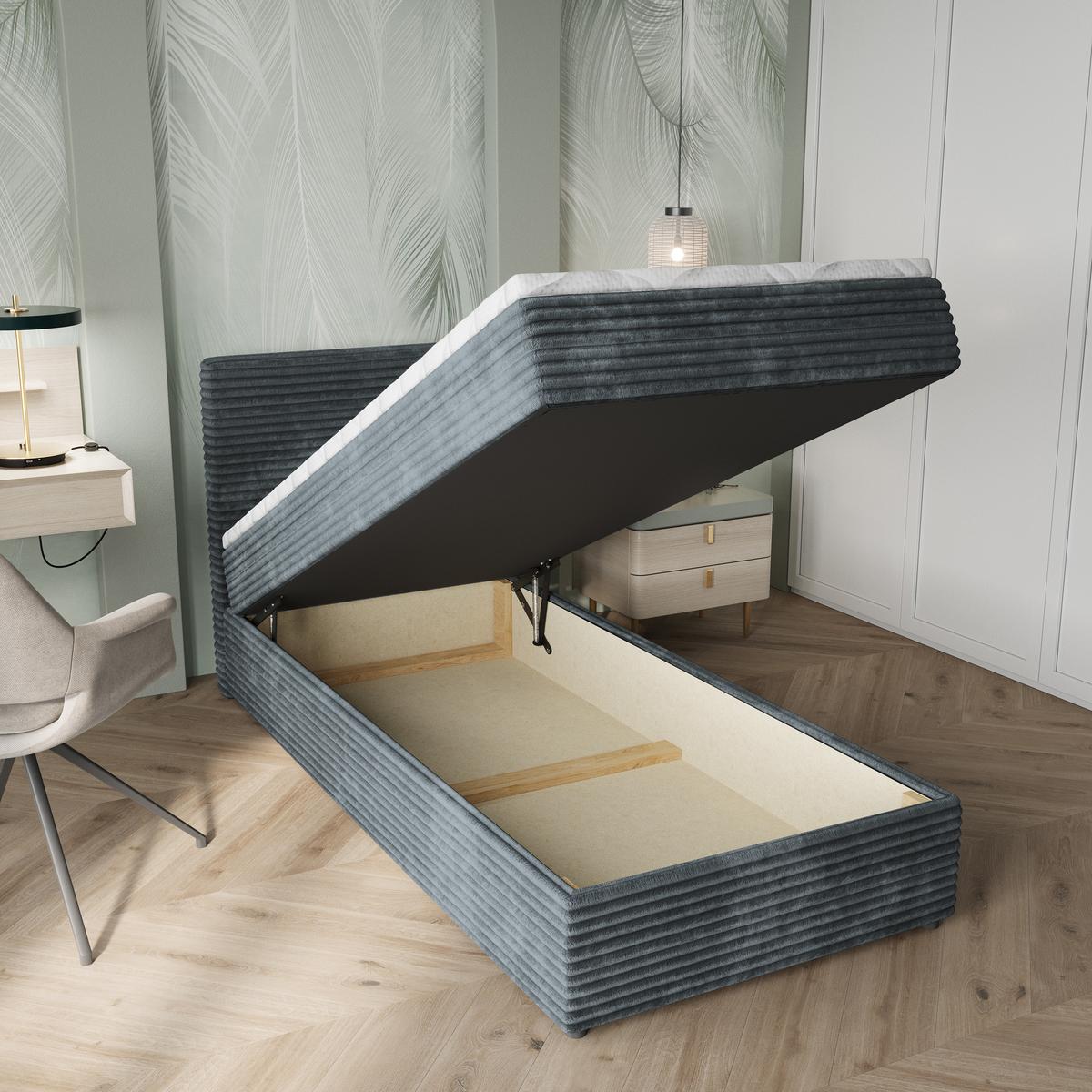 BOXBETT PISA 90 90x200 cm mit Matratze und Topper, H2+H3 - Grau - Grau, Holz (90/200cm) - MASSENO