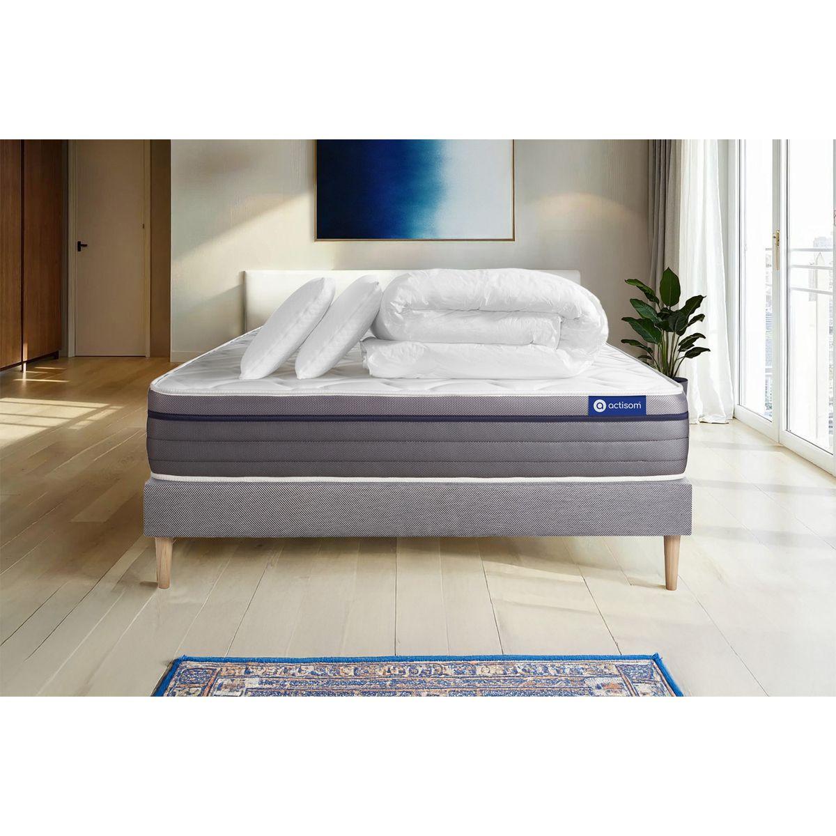 BETT Actilatex zen Latex und Memory-Schaum 160 x 200 cm h1 - Kit Bettgestell Grau - Mit Kissen und Bettdecke - Beige/Grau, Karton/Holz (160/200cm) - ACTISOM