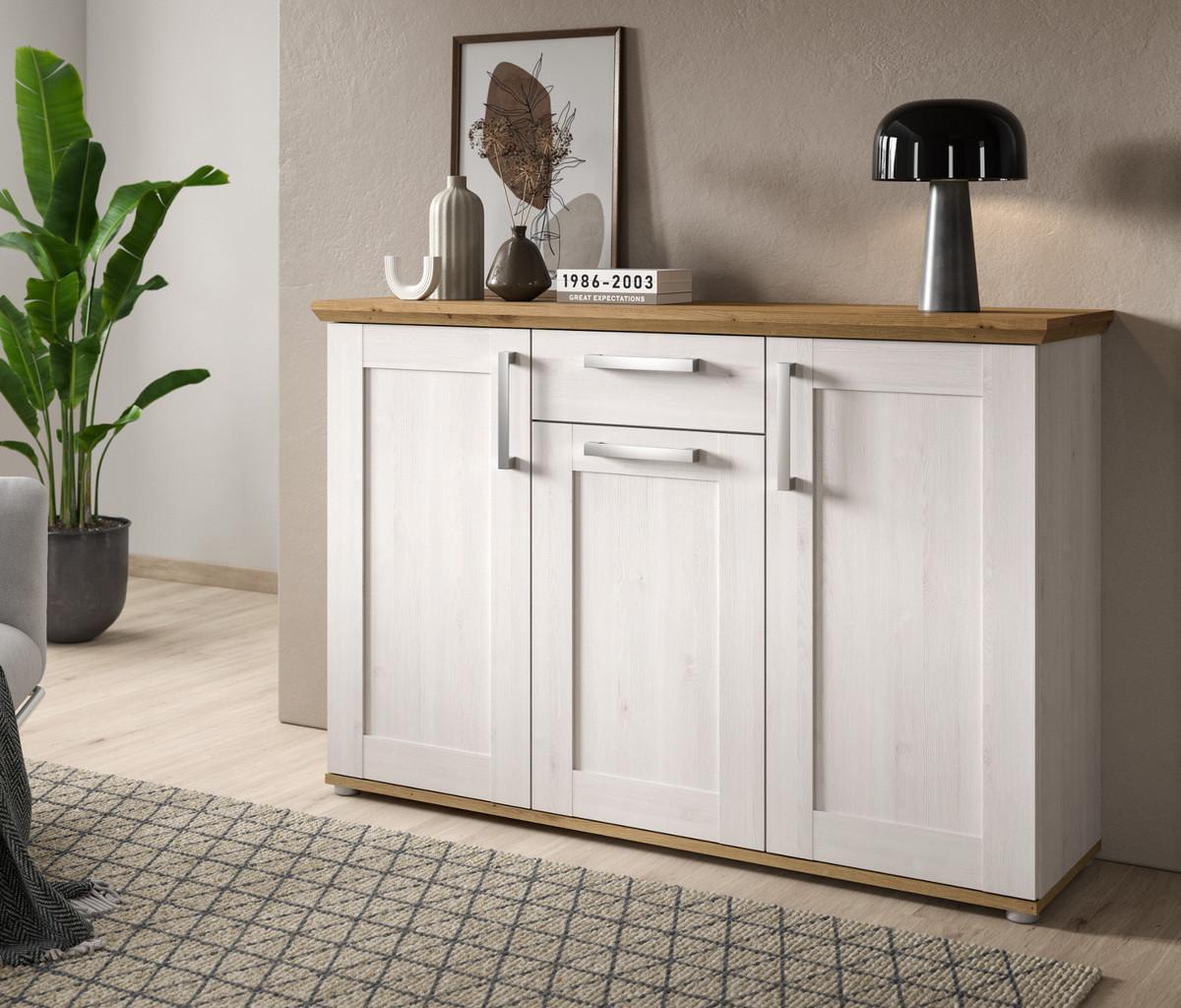 SIDEBOARD weiß Lärche, Eiche Artisan 137 cm, Kommode im Landhaus-Stil - Silberfarben/Weiß, Holzwerkstoff/Kunststoff (137/92/39cm) - Inn.Furn