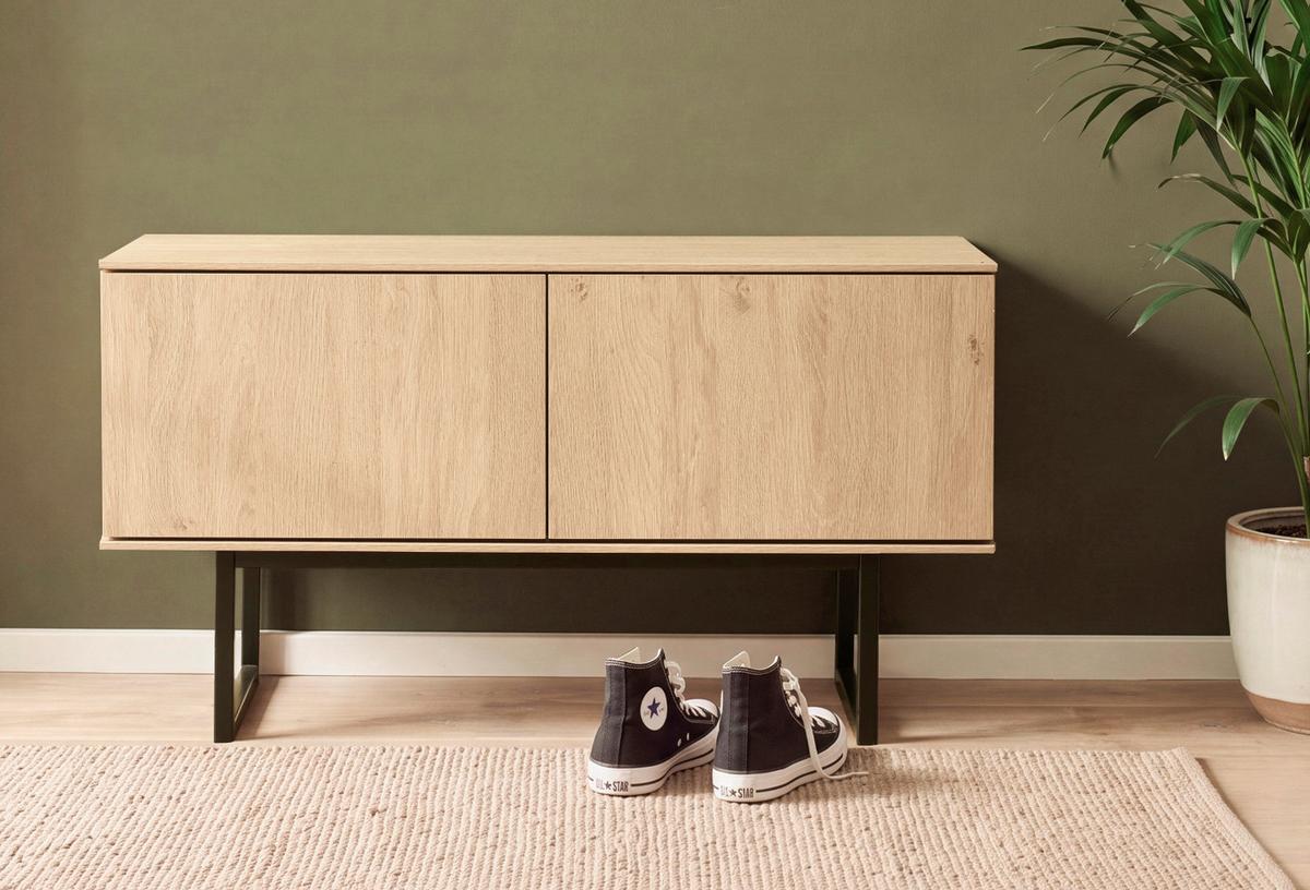 GARDEROBENBANK Stone Eiche 90 cm, Sitzbank mit Push-to-Open - Eichefarben/Schwarz, Holzwerkstoff/Metall (90/49/40cm) - Furn.Design