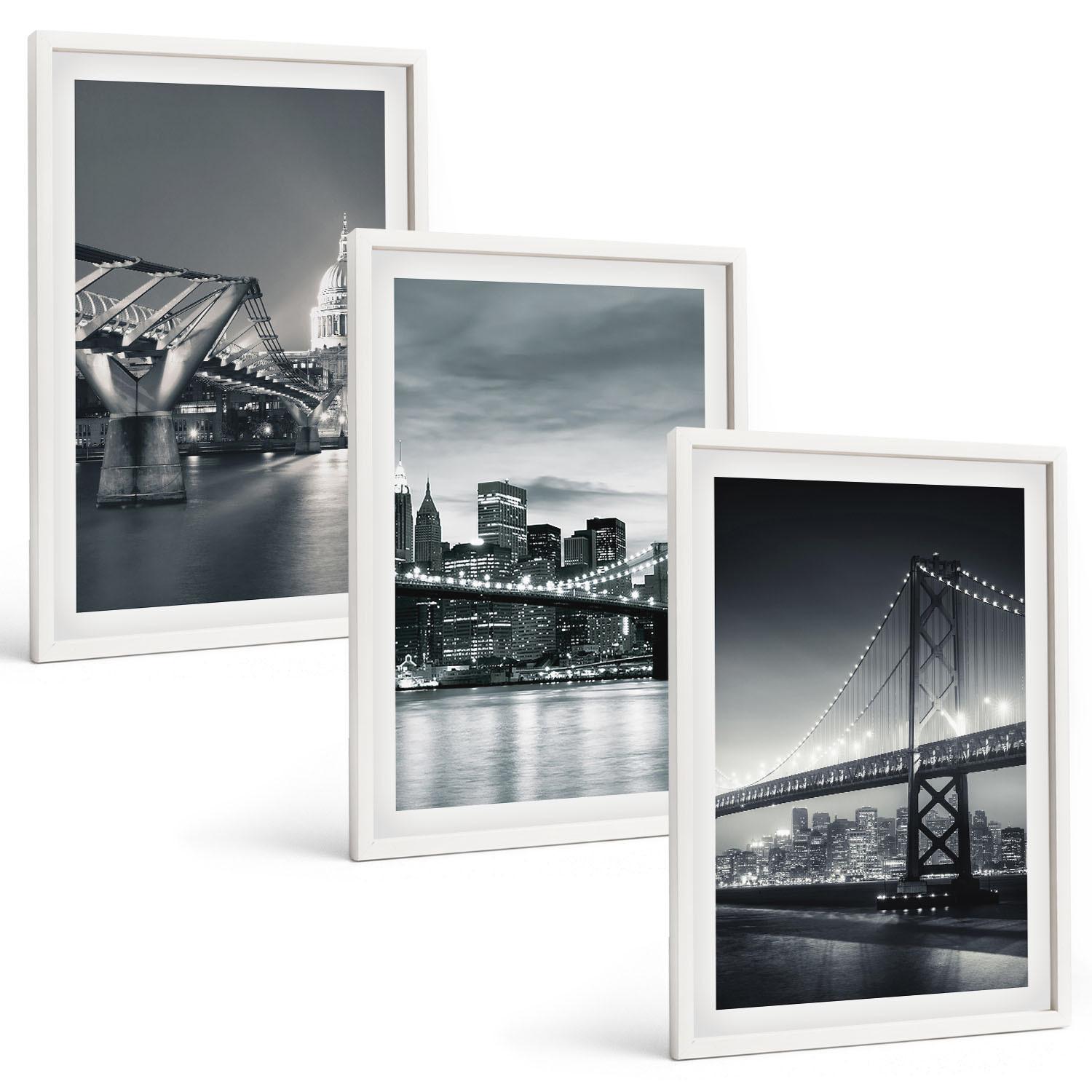 BILDER SET 3er Set - 40x60 cm Weißer Rahmen - Brücken, Stadtarchitektur, Grau - Weiß, Kunststoff (40/60cm) - TULUP