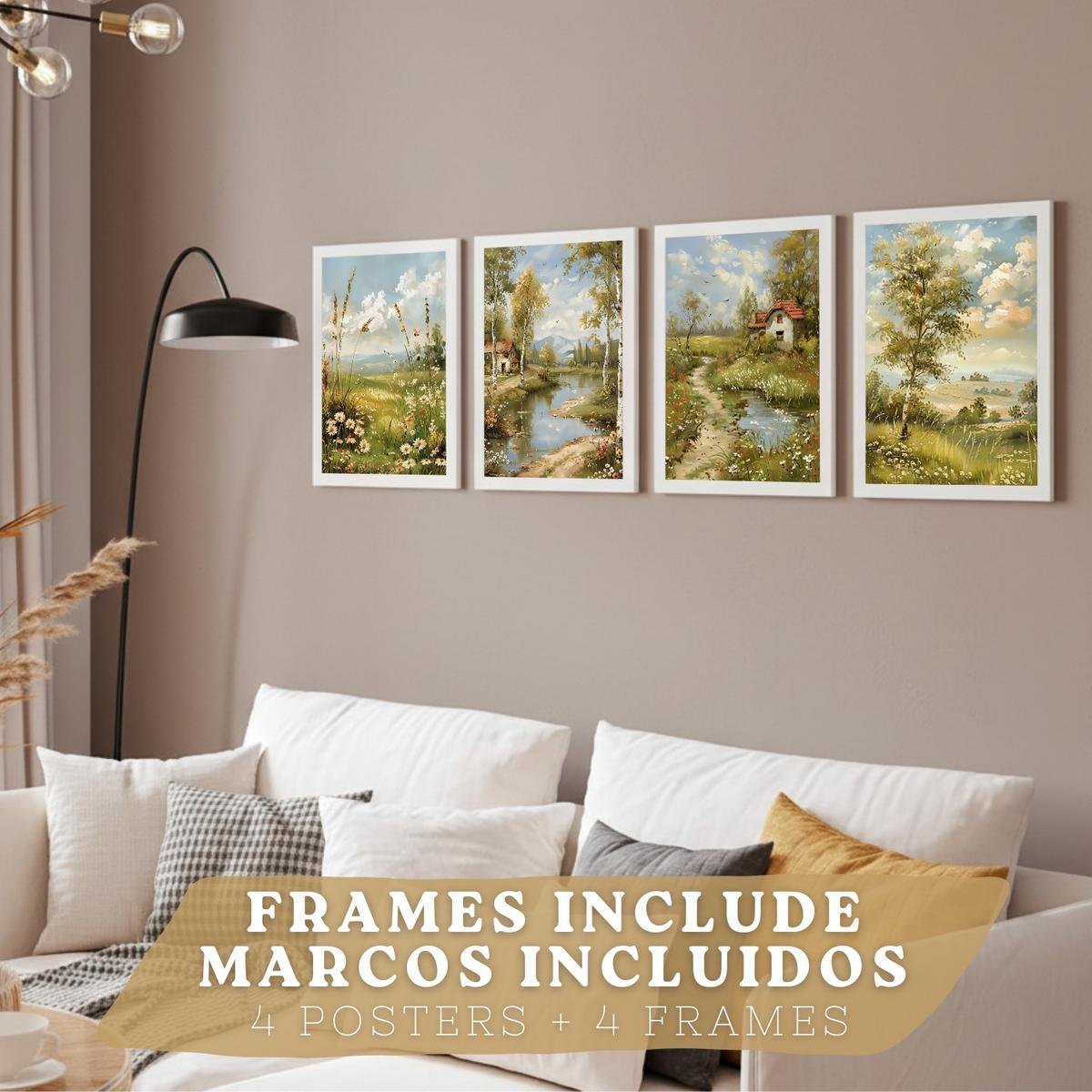 POSTER 4er Bilder-Set Wandbilder Impressionismus Landschaft modern Wohnzimmer Deko, Schlafzimmer, Küche, Badezimmer Weißer Rahmen A3 - Weiß, Papier (29.7/1/42cm) - Nacnic
