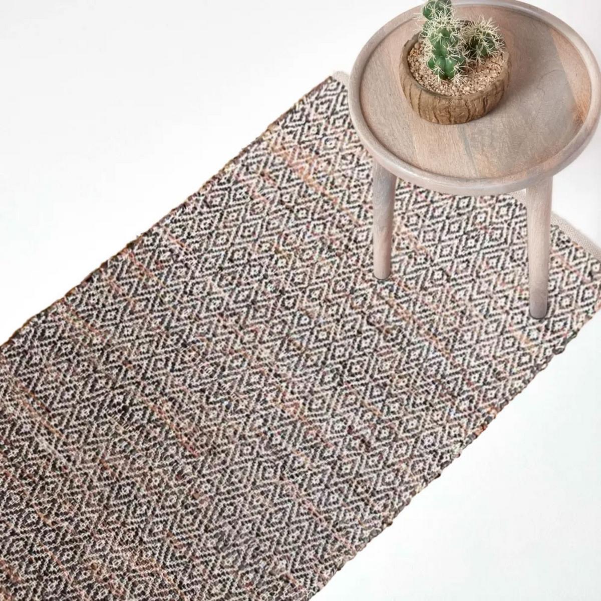LEDERTEPPICH-LÄUFER gewebt mit Rautenmuster 66/200 cm - Braun, Leder (66/200cm) - Homescapes