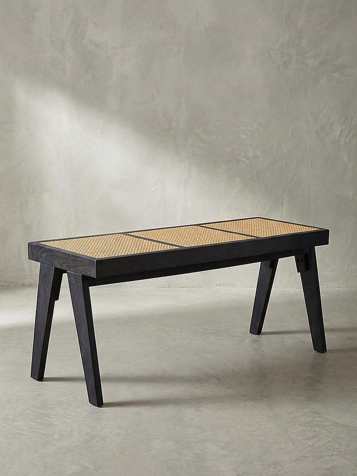 SITZBANK SILVES, Rattan, Schwarz-Natur, 120 x 38 x 48 cm - Beige/Schwarz, Akazienholz/Naturmaterialien (120/48/38cm) - KADIMA DESIGN