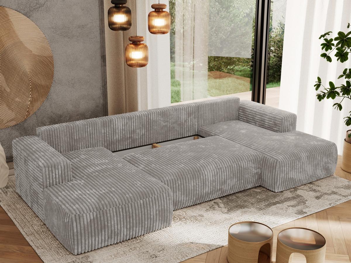 WOHNLANDSCHAFT TRENTINO U Hellgrau Cord - Hellgrau/Schwarz, Kunststoff/Textil (334/91/163cm) - MKS