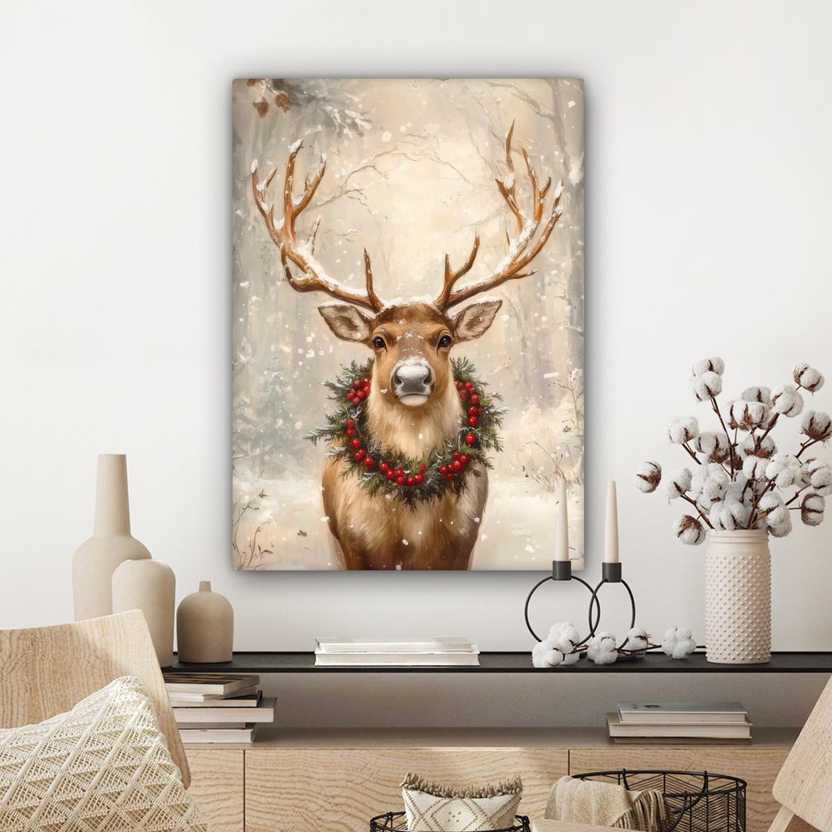 LEINWANDBILD Weihnachten - Rentier - Winter - Kranz Wandbild Wohnzimmer 60x80 cm - Naturfarben, Textil (60/80cm) - MuchoWow
