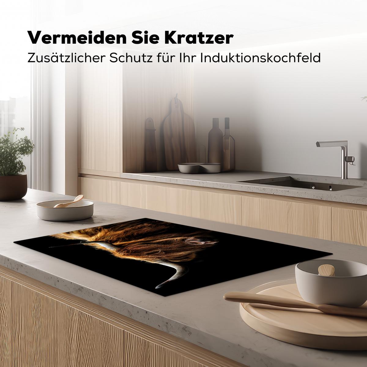 HERDABDECKPLATTE Schottischer Highlander - Hörner - Schwarz - Tiere - Natur - Wild - Kuh Abdeckung Ceranfeld 81.2x52 cm - Cognac, Kunststoff (81.2/52/0.2cm) - MuchoWow