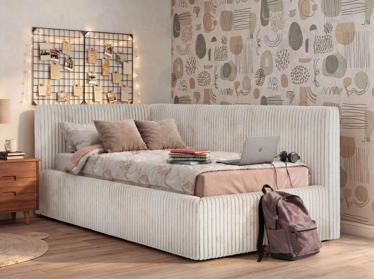 POLSTERBETT TILVO 90/200 - Beige Cord - Multitaschenfederkernmatratze - Links - Beige, Textil (90/200cm) - MKS