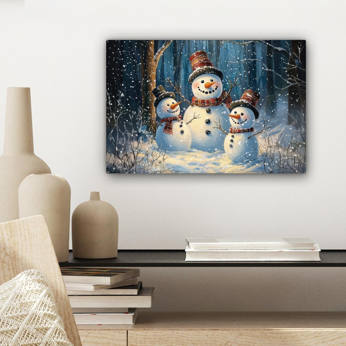 LEINWANDBILD Schneemann - Schnee - Winter - Wald Deko Schlafzimmer 30x20 cm - Hellblau, Textil (30/20cm) - MuchoWow