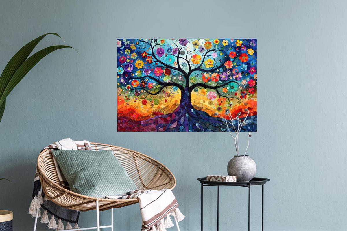 WANDTATTOO Kunst - Baum des Lebens - Blumen - Hippie Deko Wohnzimmer 60x40 cm - Dunkelblau, Kunststoff (60/40/0.1cm) - MuchoWow
