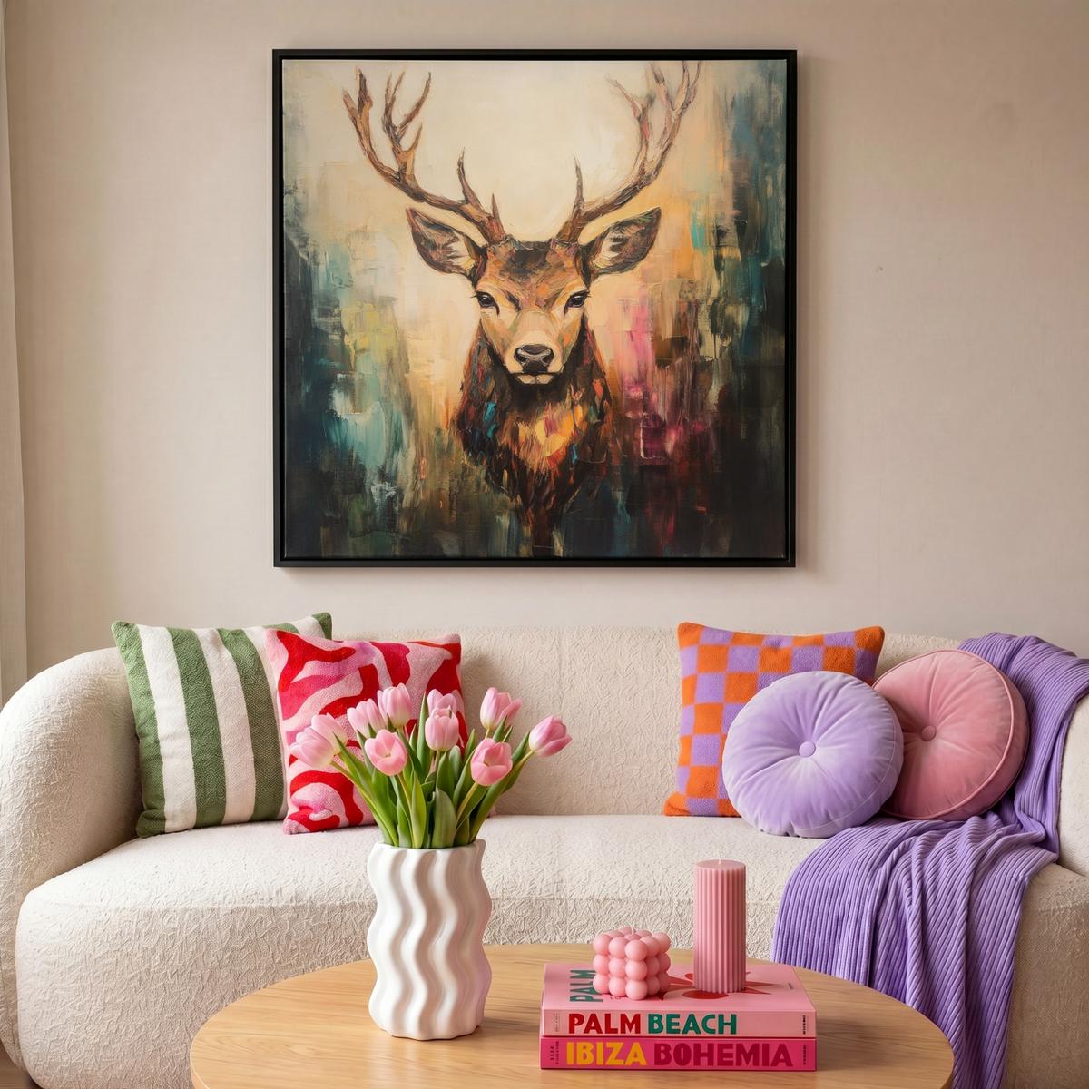 LEINWAND Bilder mit Rahmen - Hirsch - Gemalt - Geweih - Braun - 90x90 - Haselnussfarben, Textil (90/90cm) - MuchoWow