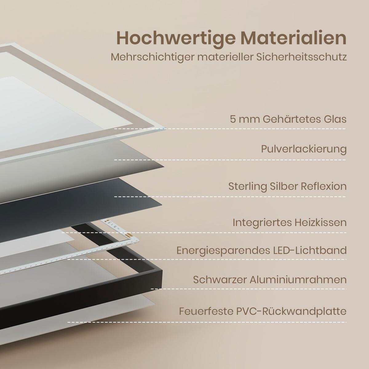BADSPIEGEL mit Beleuchtung Schwarzer Rahmen 100/70 cm - Schwarz, Glas (100/70/3.5cm) - EMKE