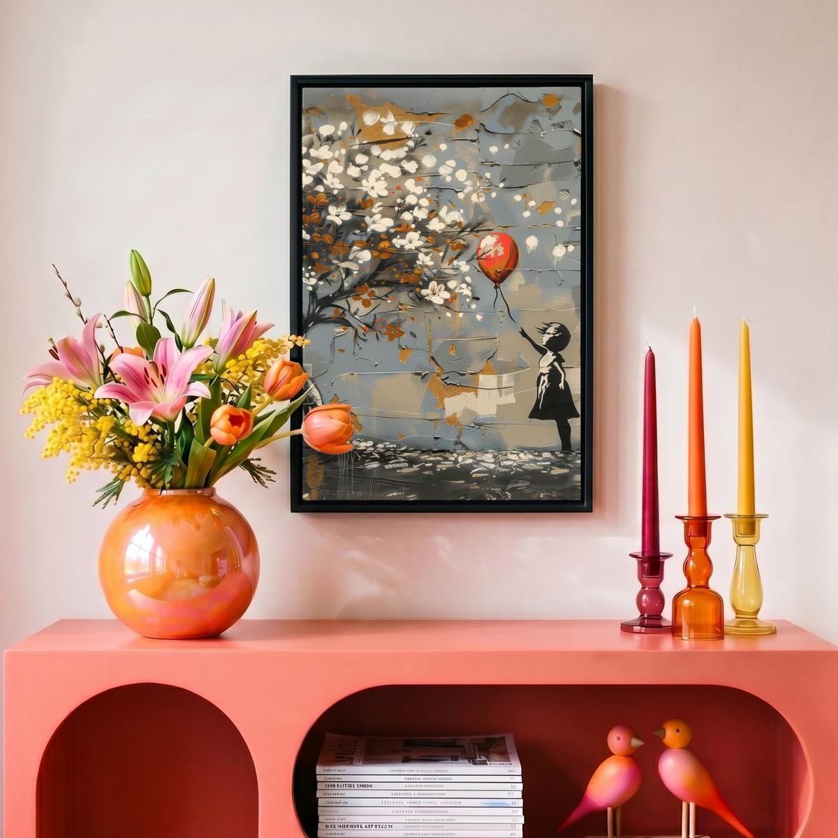 LEINWAND Bilder mit Rahmen - Baum - Graffiti - Banksy-Stil - Ballon-Mädchen - 20x30 - Blaugrau, Textil (20/30cm) - MuchoWow