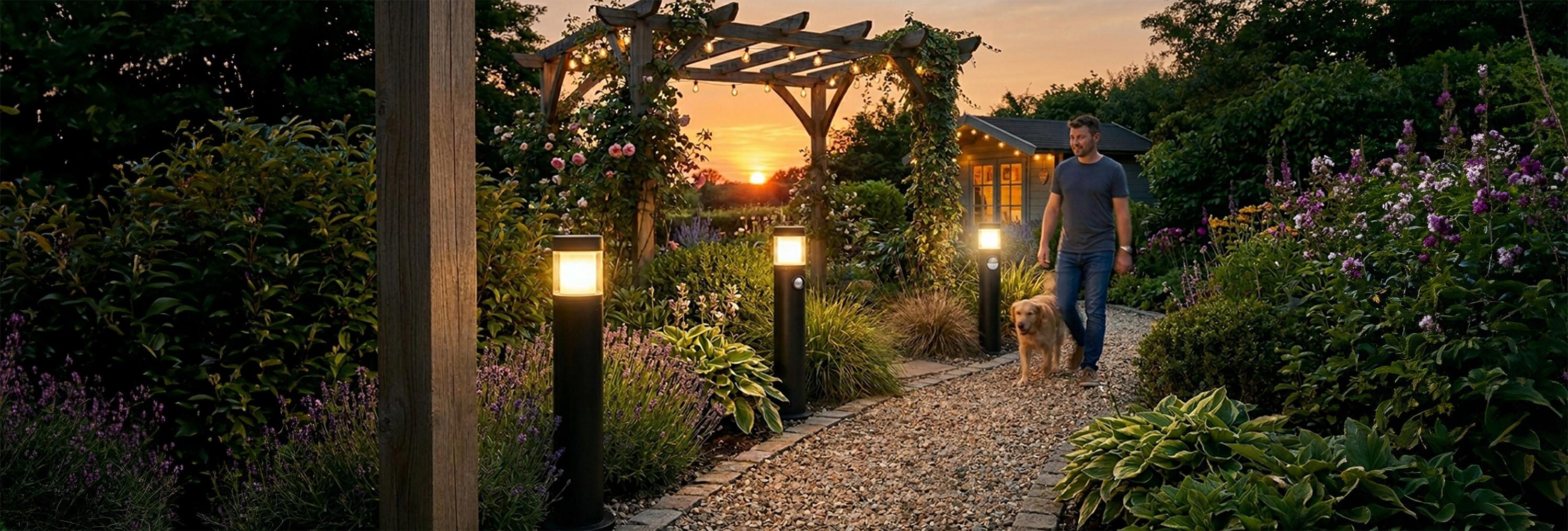 Egy gondozott kerti kavicsos ösvény naplementekor, a ház felé sétáló kutyával és férfival, a háttérben megvilágított fa lugassal.