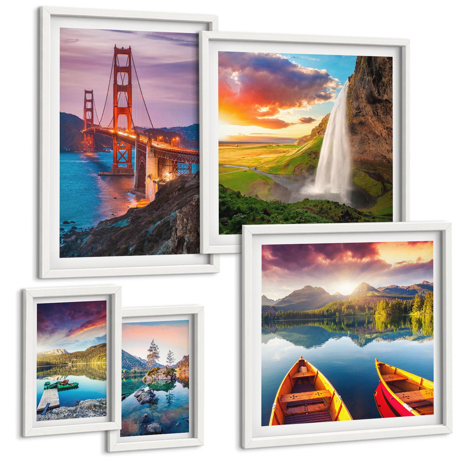 BILDER SET 5er Set - 50x50 cm & 20x30 cm & 40x60 cm Weißer Rahmen - Bergseen, Boote, Brücken - Weiß, Kunststoff (40/60cm) - TULUP
