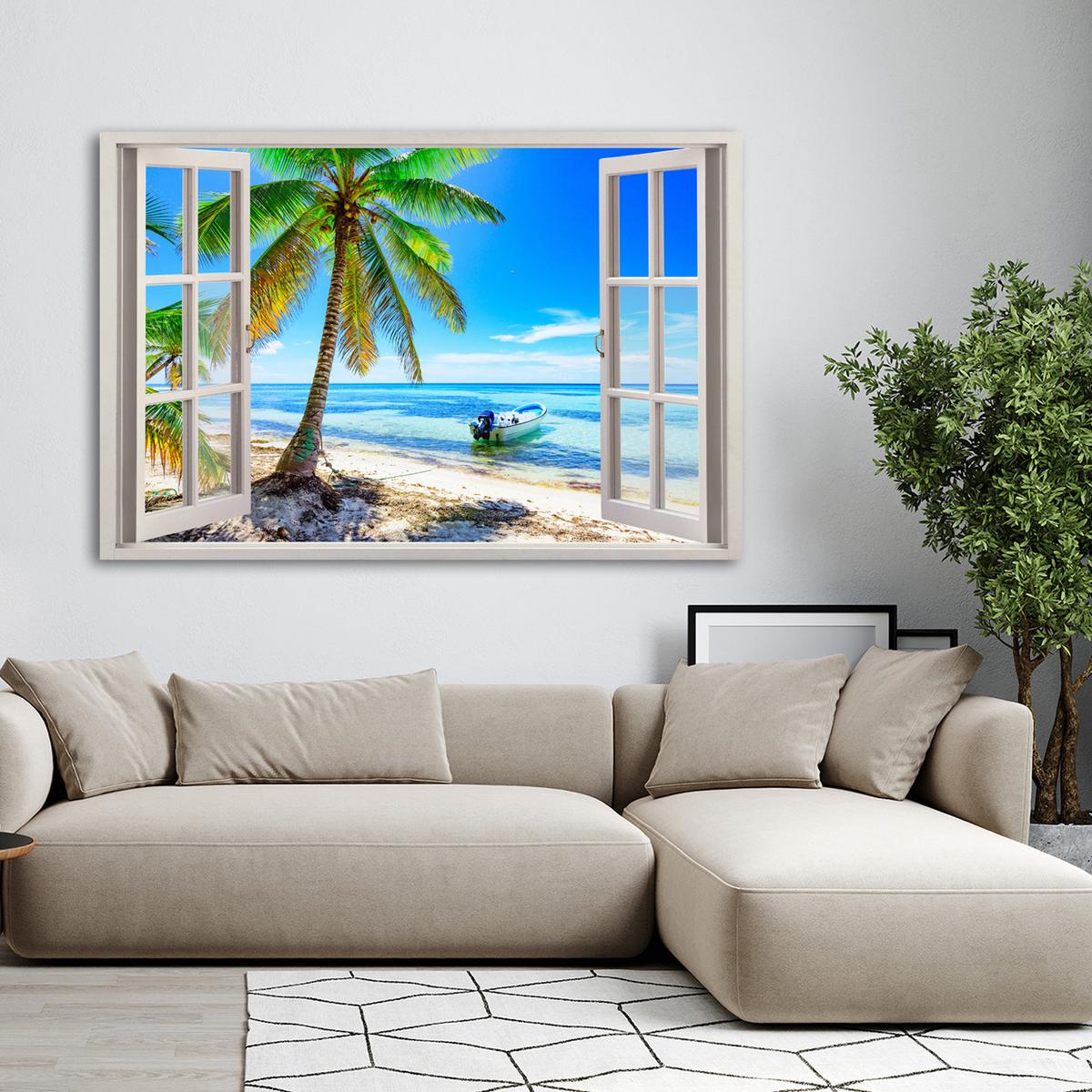 WANDBILD fensterblick palmen tropisches meer - Blau, Textil (60/40cm) - Feeby