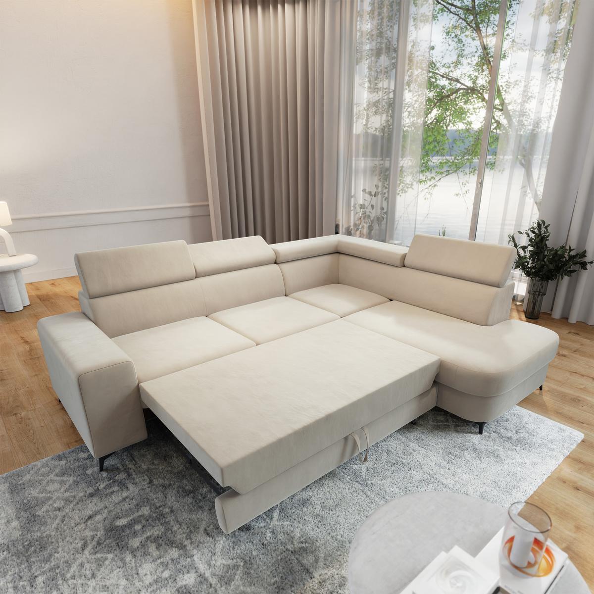 ECKSOFA ALVORO R-S Creme Velours-Stoff mit Schlaffunktion - Creme, Holz (253/190cm) - MASSENO