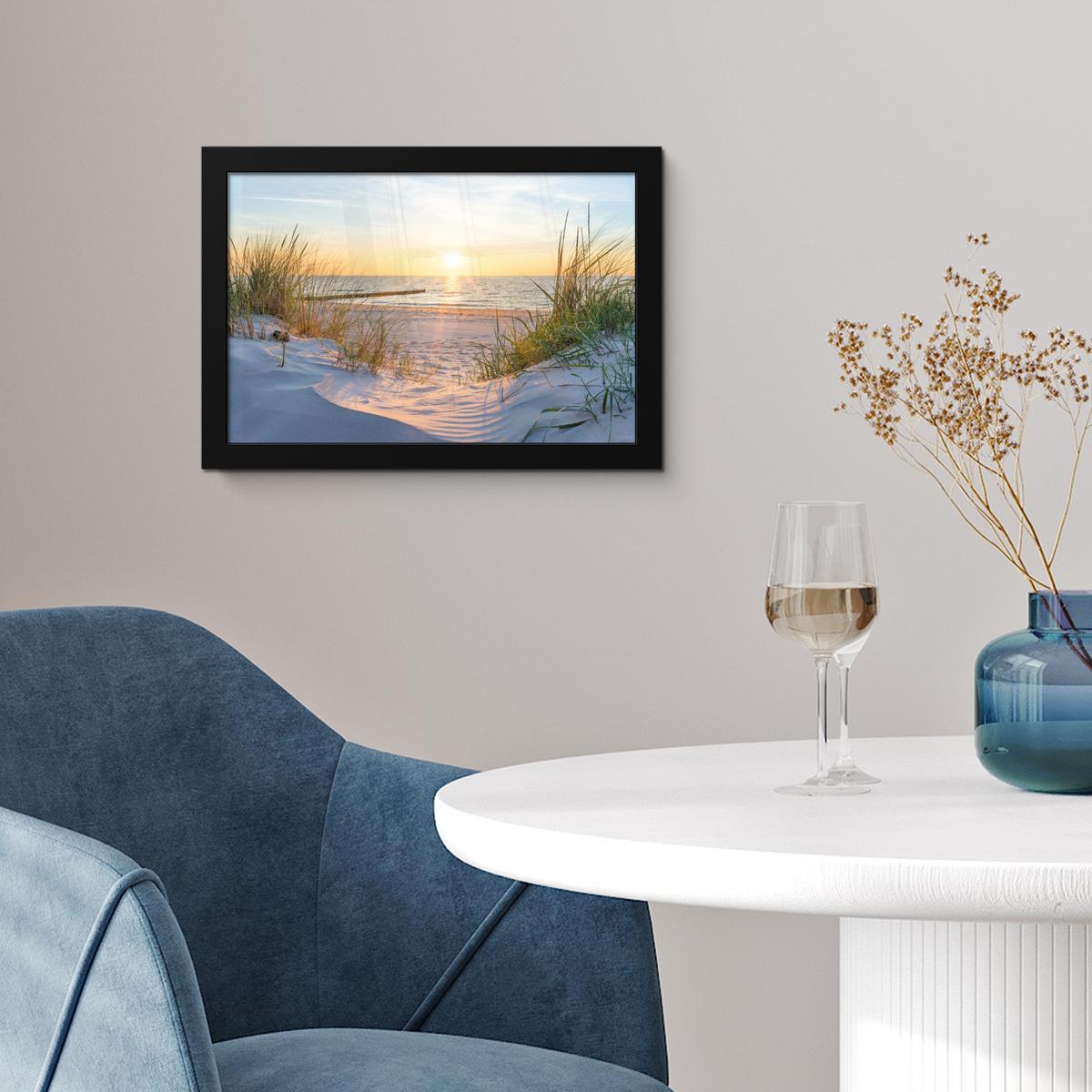 POSTER MIT RAHMEN Strand - Sonne - Düne - Gras - Sand - Horizont 30x20 cm - Hellblau, Papier (30/20cm) - MuchoWow