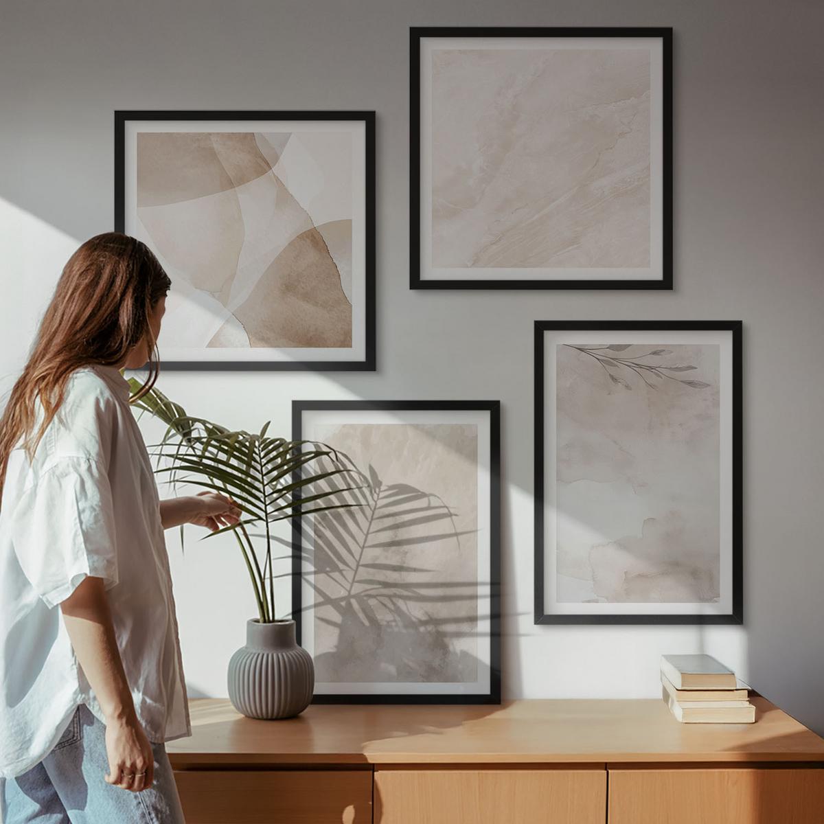 BILDER SET 4er Set - 50x50 cm & 40x60 cm Schwarzer Rahmen - Aquarellfarben, Boho-Texturen - Schwarz, Kunststoff (50/50cm) - TULUP