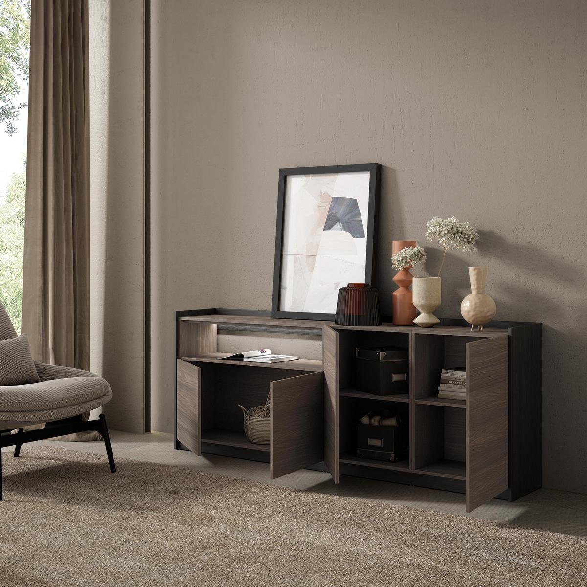 SIDEBOARD, Dunkler Eiche und Schwarz, 207/37/80cm, mit Led - Dunkelbraun, Holzwerkstoff (207/80/37cm) - Skraut Home