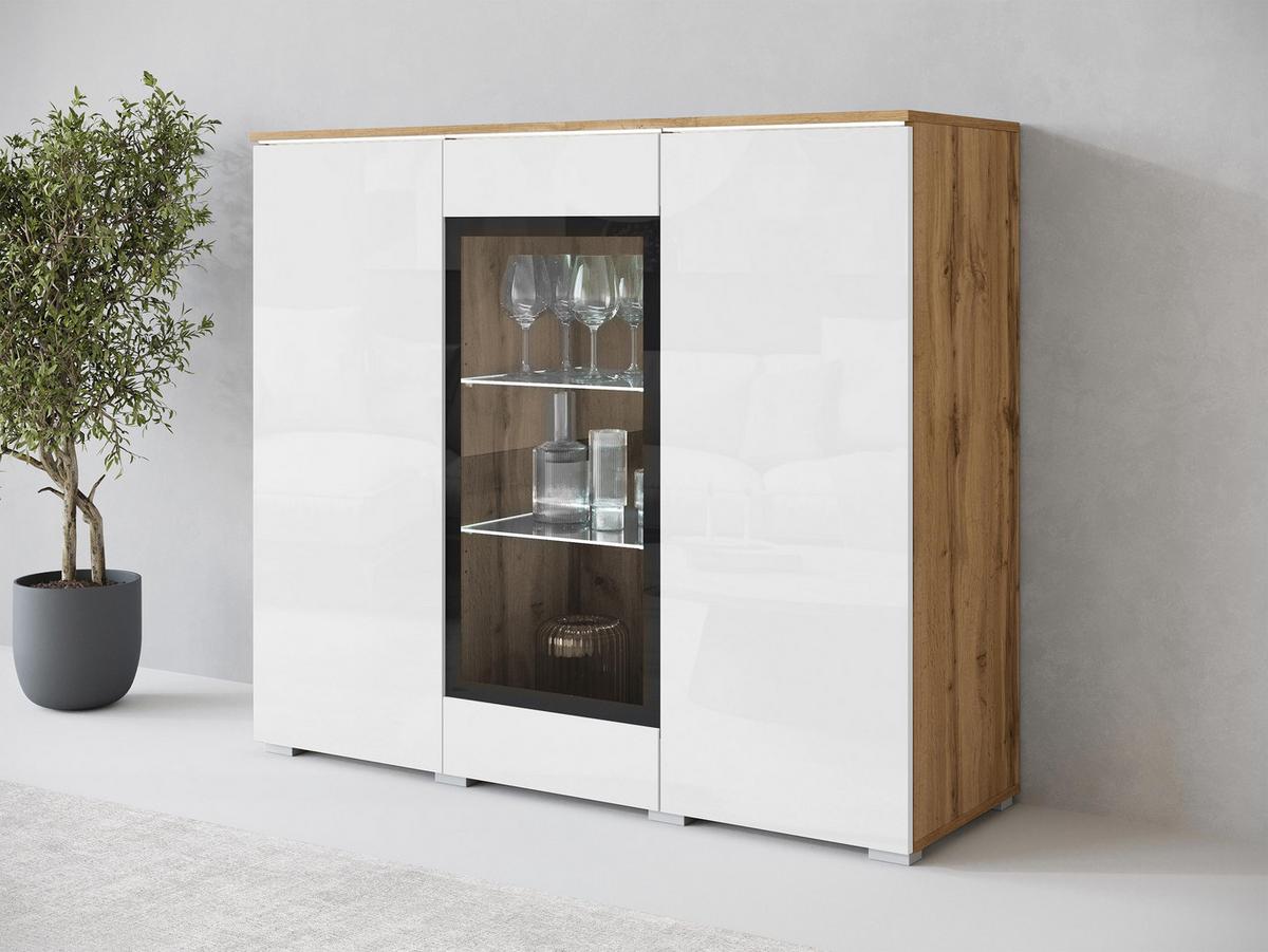 KOMMODE Vera 120 mit weißer LED Beleuchtung - Weiß Hochglanz/Eiche Wotan, Holzwerkstoff/Kunststoff (120/104/40cm) - MIRJAN24
