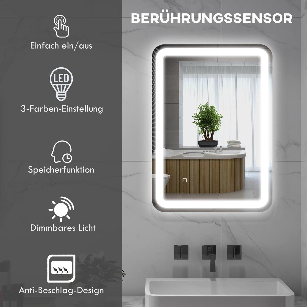 BADSPIEGEL, 50 x 70 cm LED Badezimmerspiegel mit 3 Lichtfarben, Touch-Schalter - Silberfarben, Glas (50/4/70cm) - HOMCOM