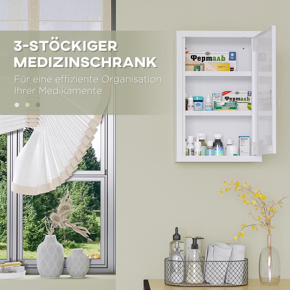 MEDIZINSCHRANK, Apothekerschrank mit 3 Schichten, 2 Schlüsseln, Stahl, Weiß - Weiß, Metall (14/46/30cm) - Kleankin