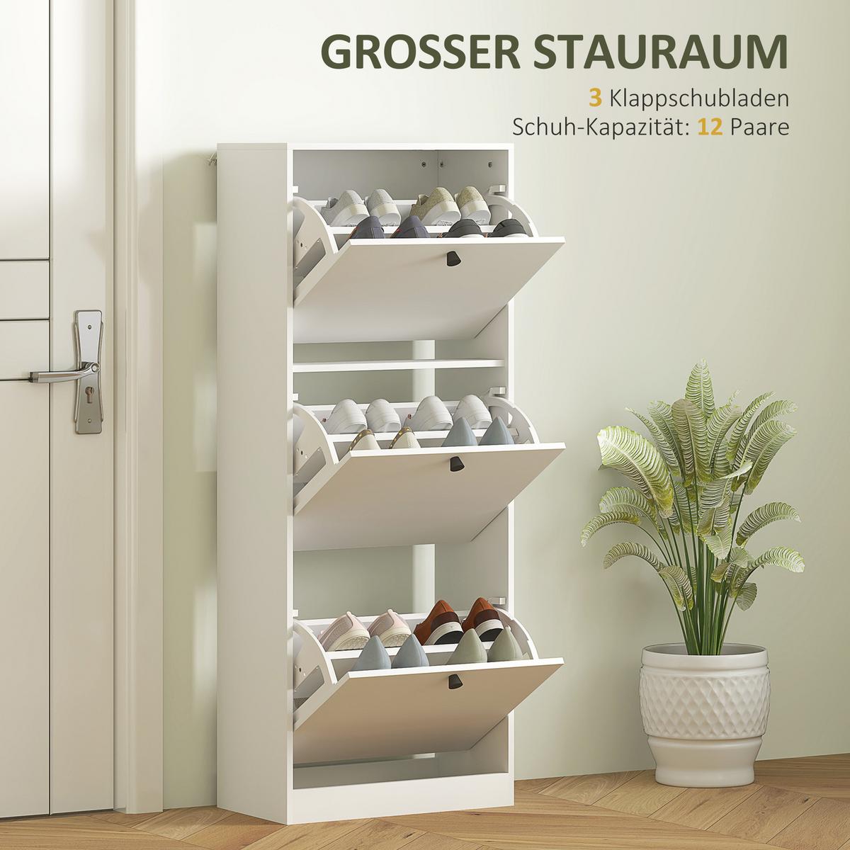 SCHUHSCHRANK mit 3 Klappen, 47 x 26 x 120 cm, Weiß - Weiß, Holzwerkstoff (26/120/47cm) - HOMCOM