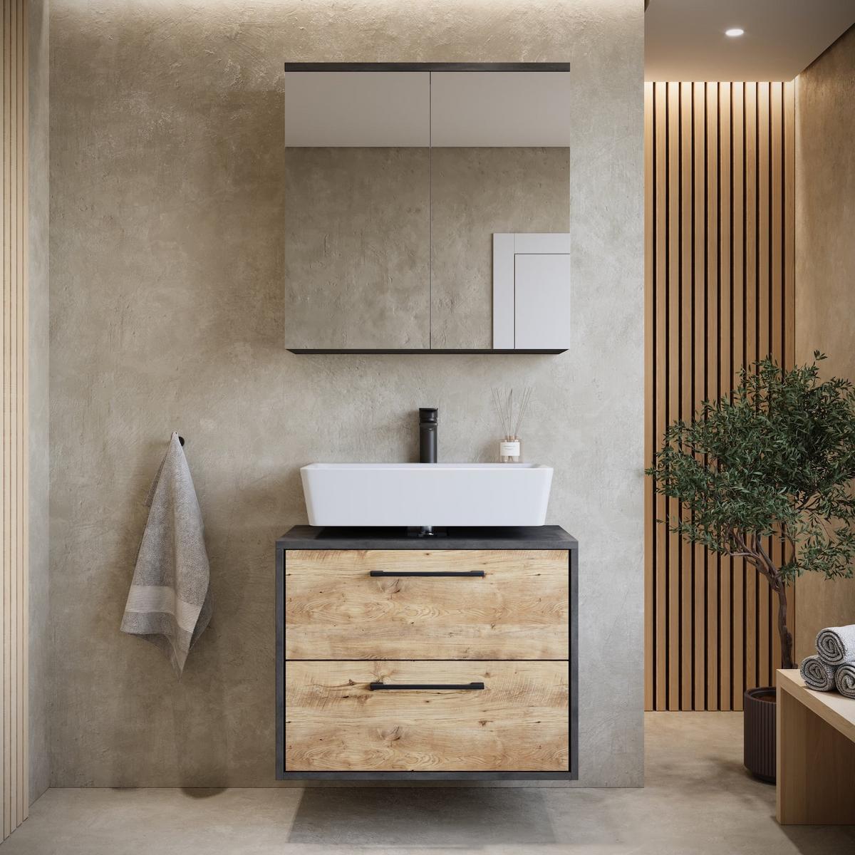 BADMÖBEL-SET Florence 2 Teile Kastanien Eiche mit Dunkel Grau - 60 x 35 x 51 cm - Eichefarben/Grau, Holz (60/51/35cm) - Badplaats