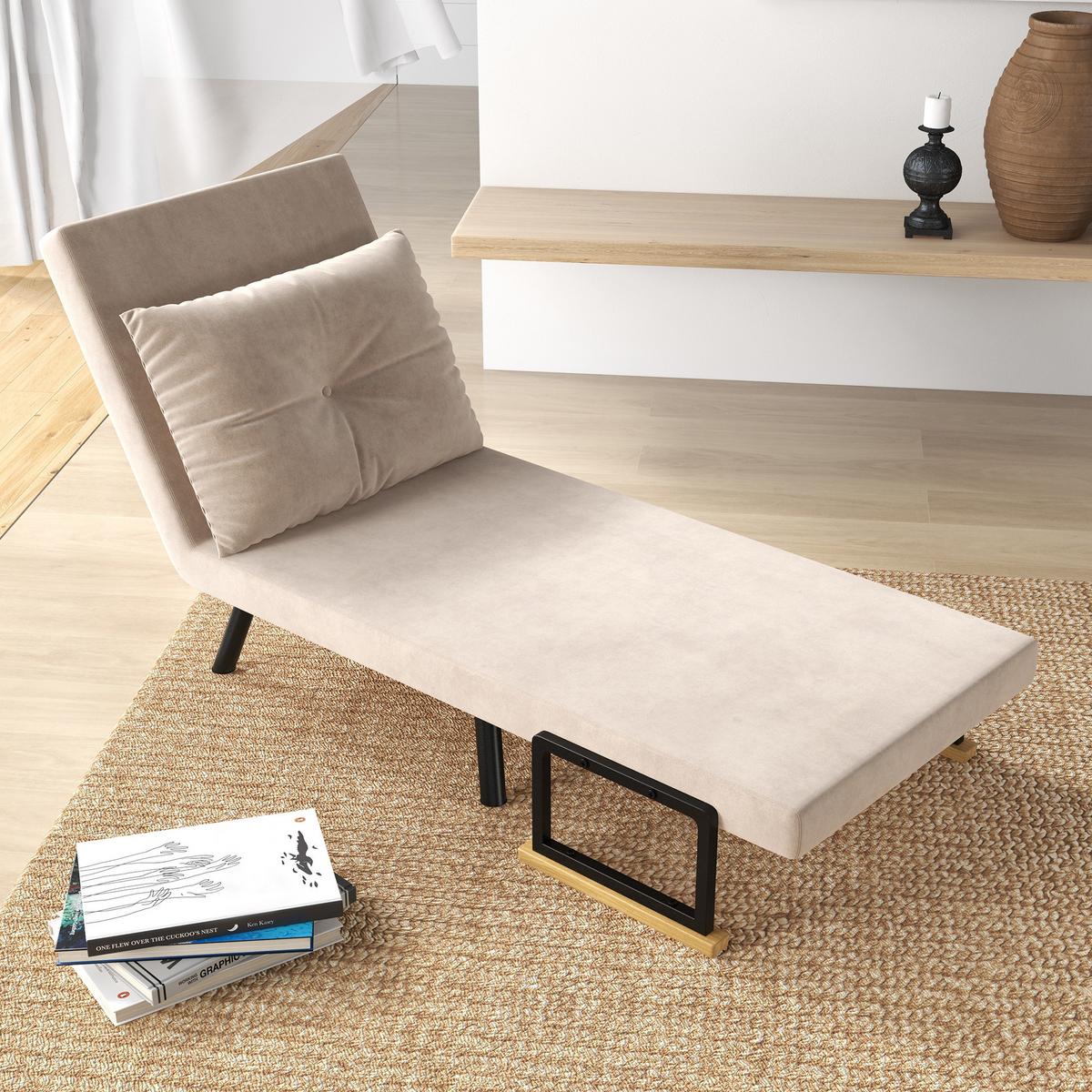 SCHLAFSESSEL, Einzelsofa mit Bettfunktion, Relaxsessel mit Rückenkissen Beige - Beige/Schwarz, Holz/Textil (73/81/63cm) - HOMCOM