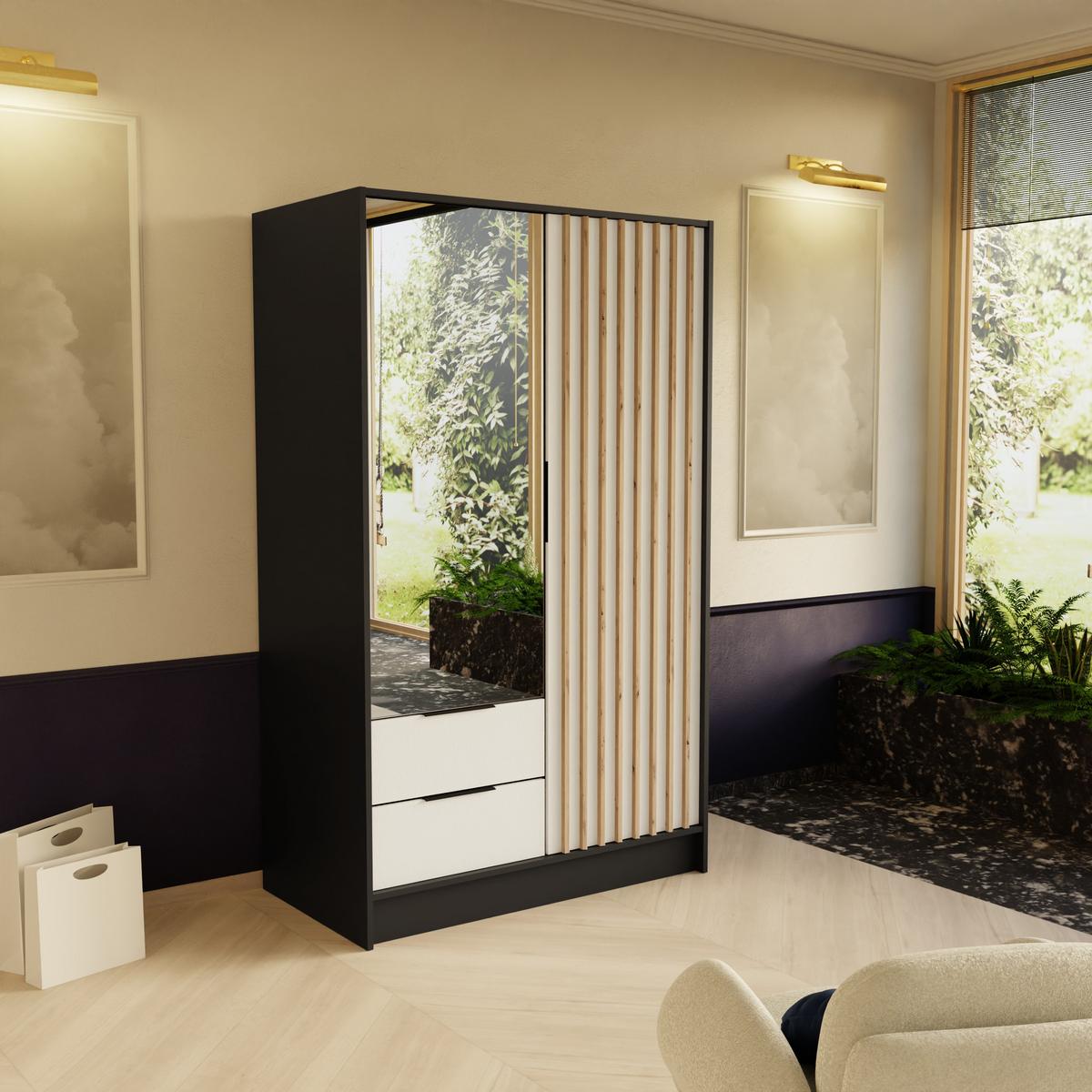 DREHTÜRENSCHRANK PELOR 102/200/51 cm Modern Kleiderschrank 2-türig mit Spiegel Schwarz - Schwarz/Weiß, Holzwerkstoff (102/200/51cm) - MASSENO