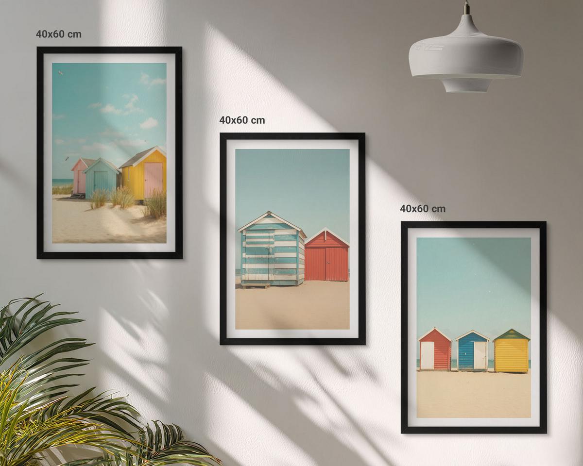 BILDER SET 3er Set - 40x60 cm Schwarzer Rahmen - Bunte Häuser, Strand, Sonne - Schwarz, Kunststoff (40/60cm) - TULUP