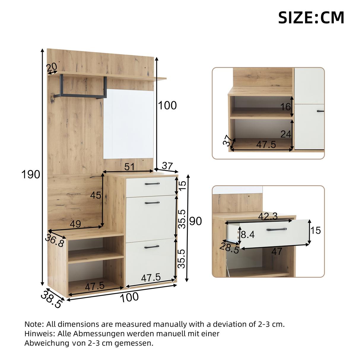 GARDEROBEN-SET 100 cm Weiß Hochglanz & Natur – Kompaktgarderobe mit Spiegel, Schuhbank & Klapptüren - Naturfarben, Holzwerkstoff (100/190/38.5cm) - Urban Meuble