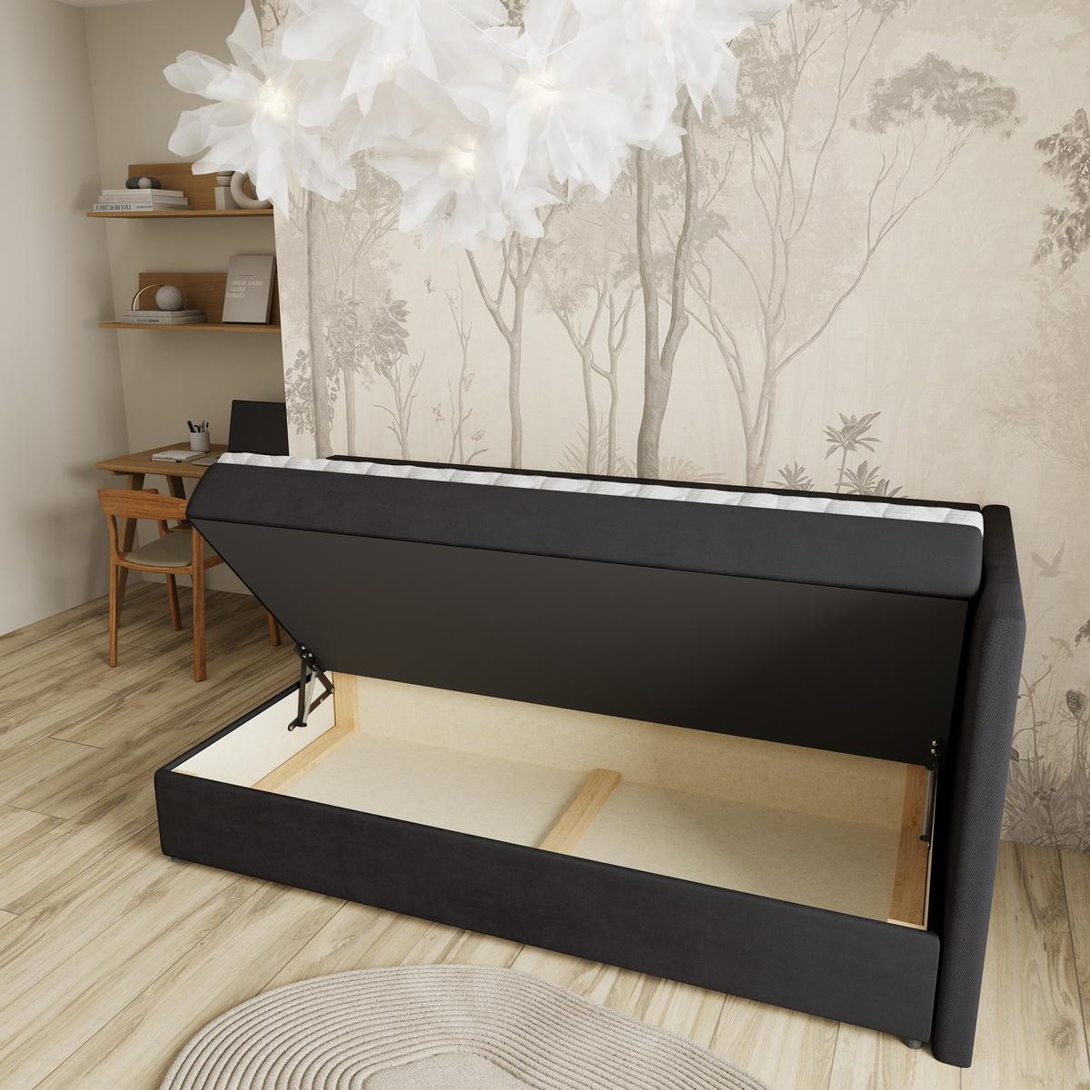BOXBETT ARIS 100x200 cm mit Matratze und Topper, H2+H3 - Schwarz - Schwarz, Holz (100/200cm) - MASSENO