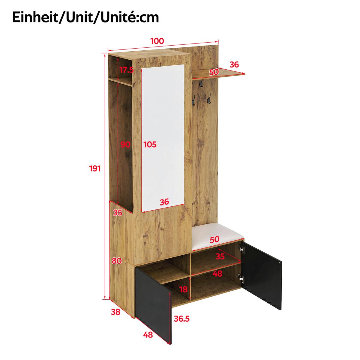 GARDEROBEN-SET 100 cm Schwarz & Natur – Kompaktgarderobe mit Spiegel, Schuhbank & versteckter Kleiderstange - Naturfarben, Holzwerkstoff (100/191/38cm) - Urban Meuble