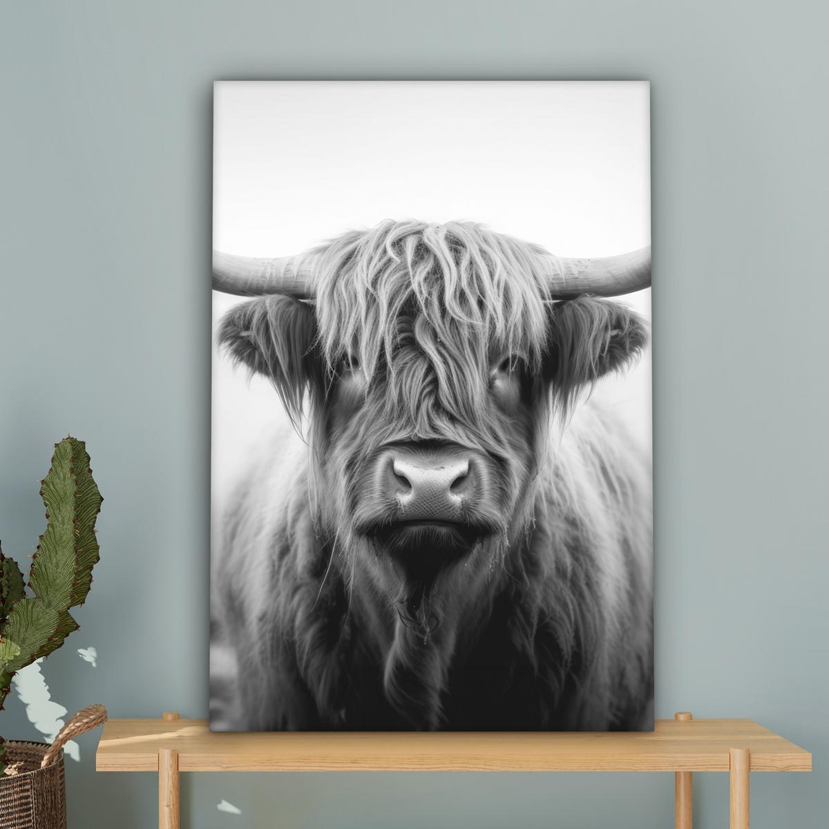 LEINWANDBILD Schottischer Highlander - Nebel - Schwarz - Weiß Wanddeko 40x60 cm - Grau, Textil (40/60cm) - MuchoWow