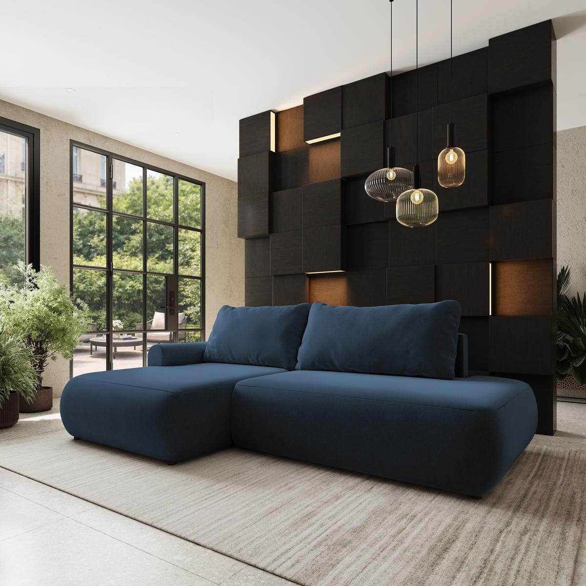 ECKSOFA NUVIRA CL L-S Blau Samtstoff mit Schlaffunktion - Blau, Holzwerkstoff/Textil (279/158cm) - MASSENO