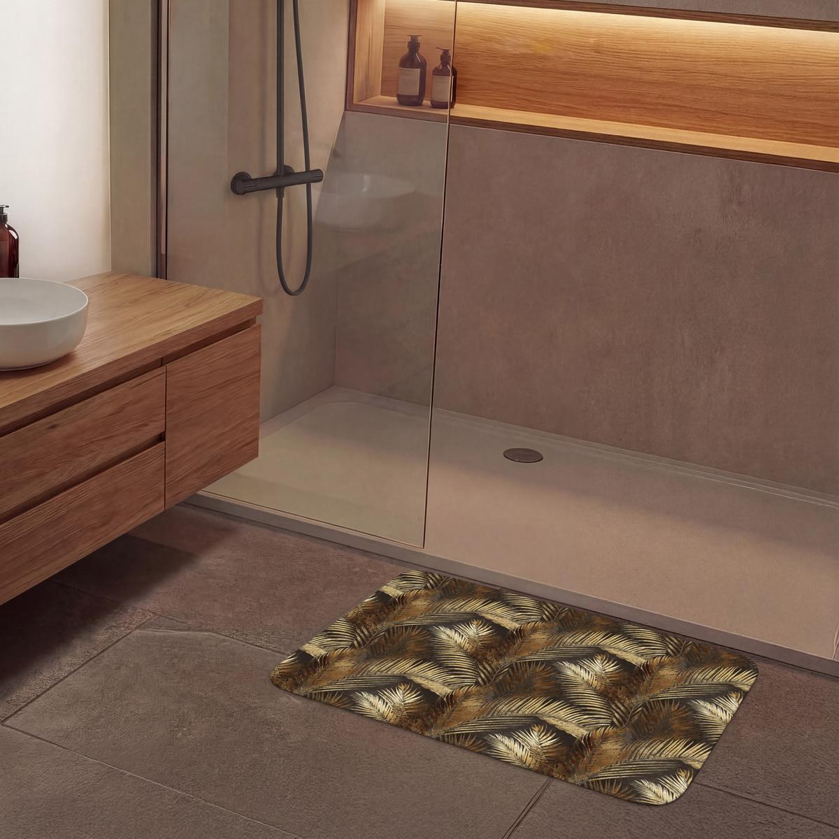 BADEMATTE Tropisch - Blätter - Gold 90x60 cm - Dunkelbraun/Goldfarben, Textil (90/60cm) - OnlyWow