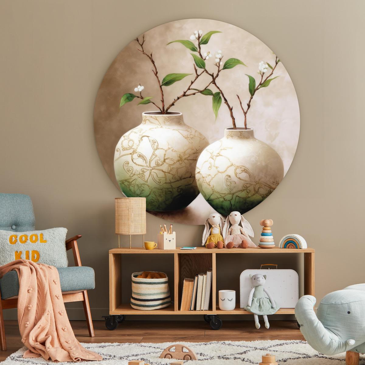 WANDBILD Blumen - Vase - Weiß - Botanisch - Beige Room Decor 140x140 cm - Ecru, Kunststoff (140/140cm) - MuchoWow