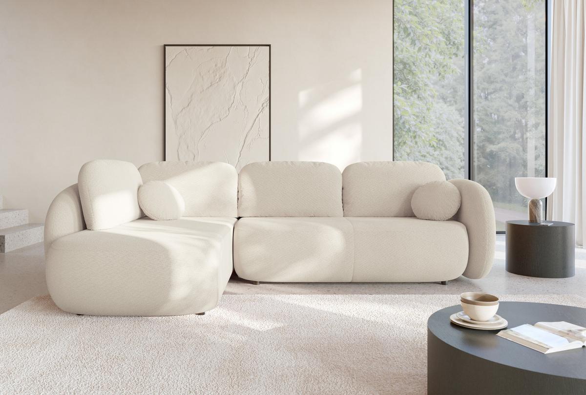 ECKSOFA AMICO II L-S Creme Geflochtener Stoff mit Schlaffunktion - Creme, Holz (289/190cm) - MASSENO
