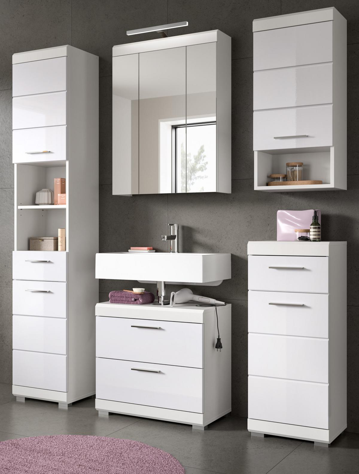 BADMÖBEL-SET weiß Hochglanz 5-teilig 164 cm, Komplettset mit viel Stauraum - Weiß Hochglanz, Glas/Holzwerkstoff (164/191/37cm) - Inn.Furn