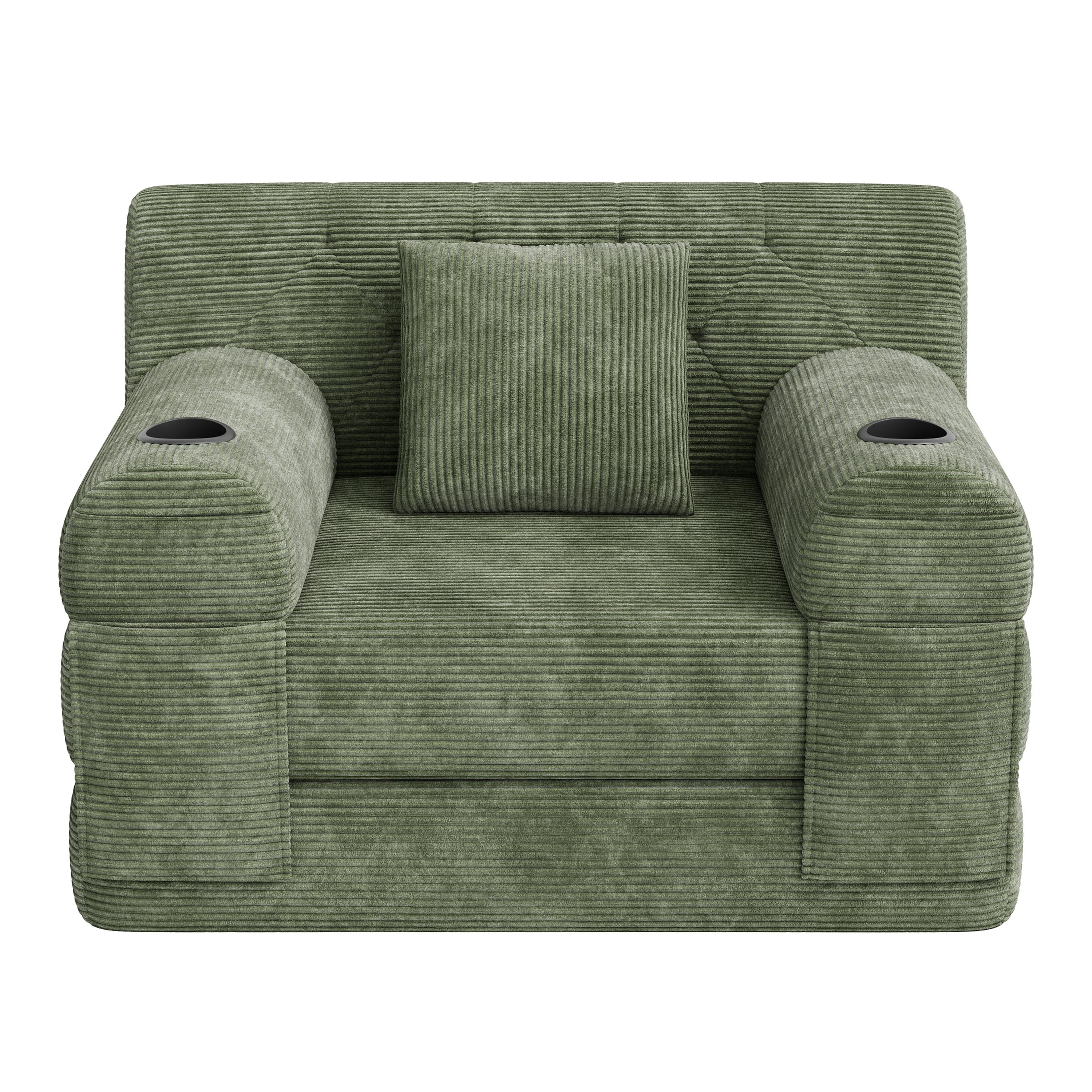 SCHLAFSOFA Cord mit Schlaffunktion, Getränkehalter & Taschen - Grün, Textil (107/81/80cm) - Urban Meuble