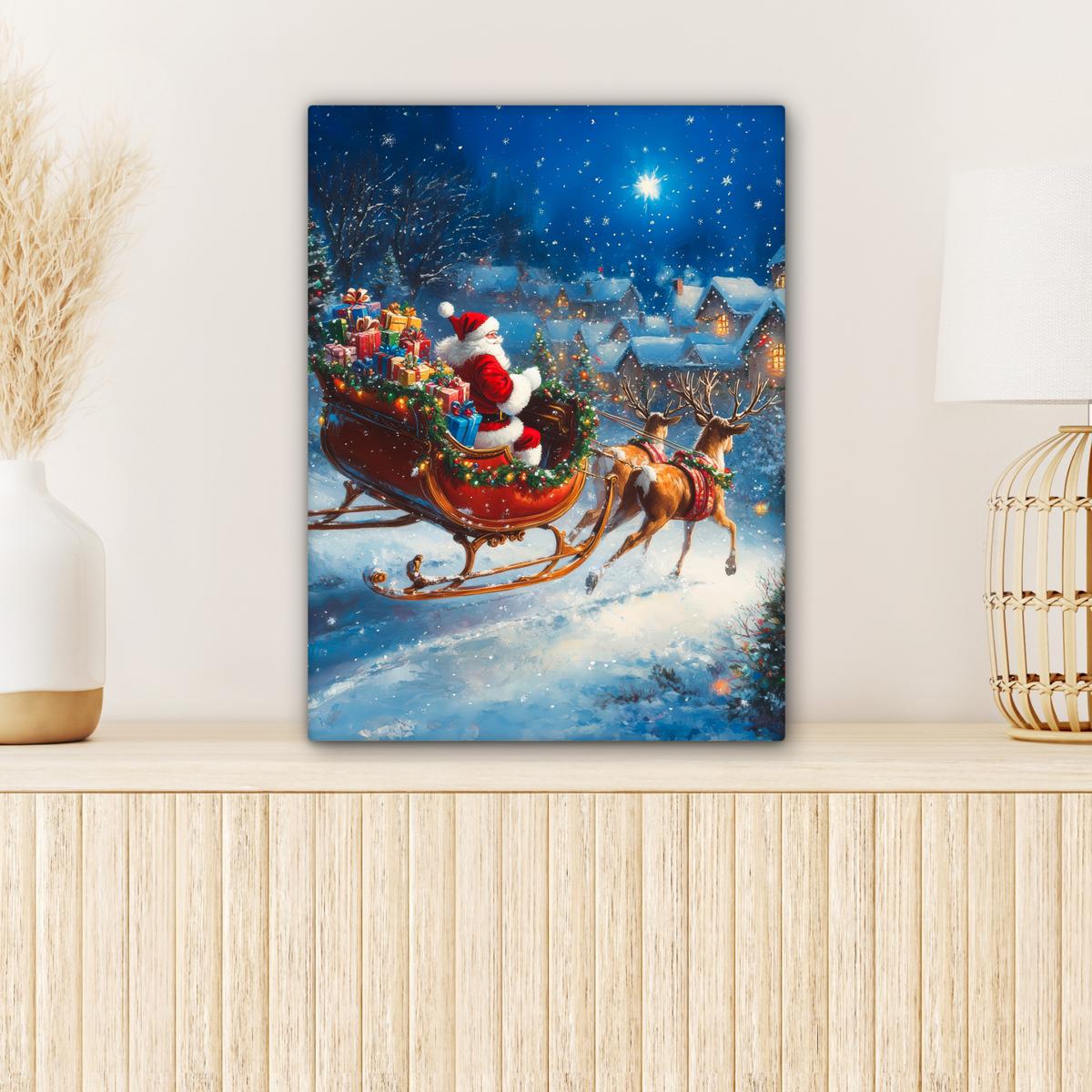 LEINWANDBILD Weihnachtsmann - Rentier - Weihnachten - Schnee Room Decor 30x40 cm - Cognac, Textil (30/40cm) - MuchoWow