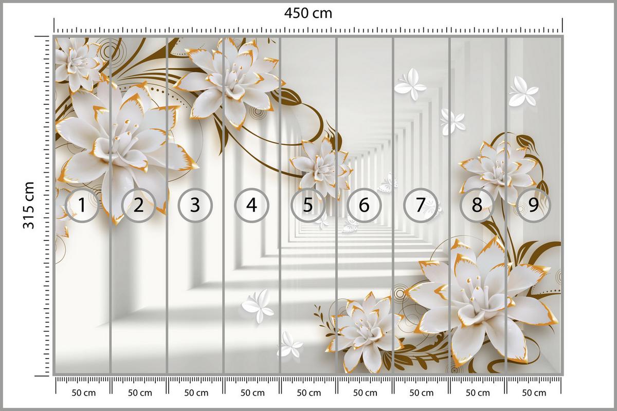 FOTOTAPETE für Wohnzimmer Abstrakter Blumen Tunnel Schmetterlinge 450x315 - Beige/Orange, Papier (450/315cm) - Muralo
