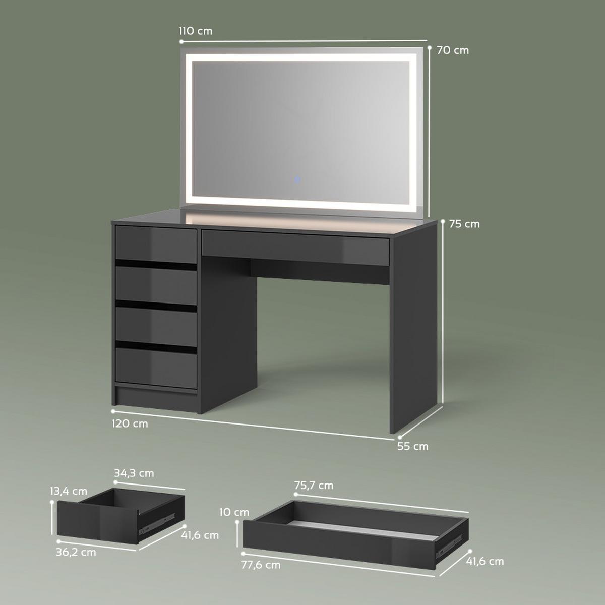 SCHMINKTISCH Imola Anthrazit 120 cm mit LED-Spiegel - Anthrazit, Holzwerkstoff (120/75/55cm) - Livinity®