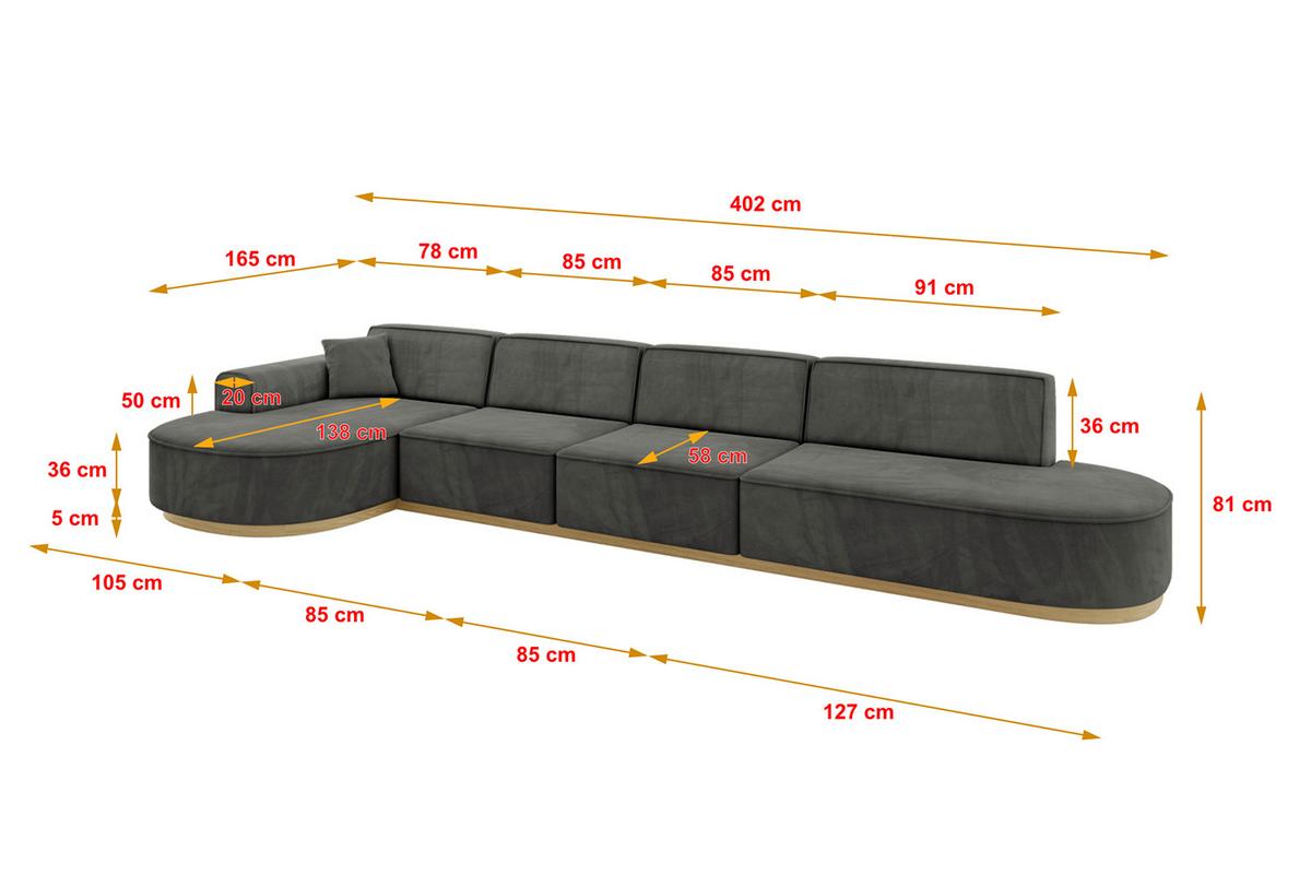 ECKSOFA Ottomane Links MARI-L3-v2 - 413x171x83 cm Dunkelgrau Velours - Dunkelgrau, Holzwerkstoff/Textil (413/171cm) - ALTDECOR