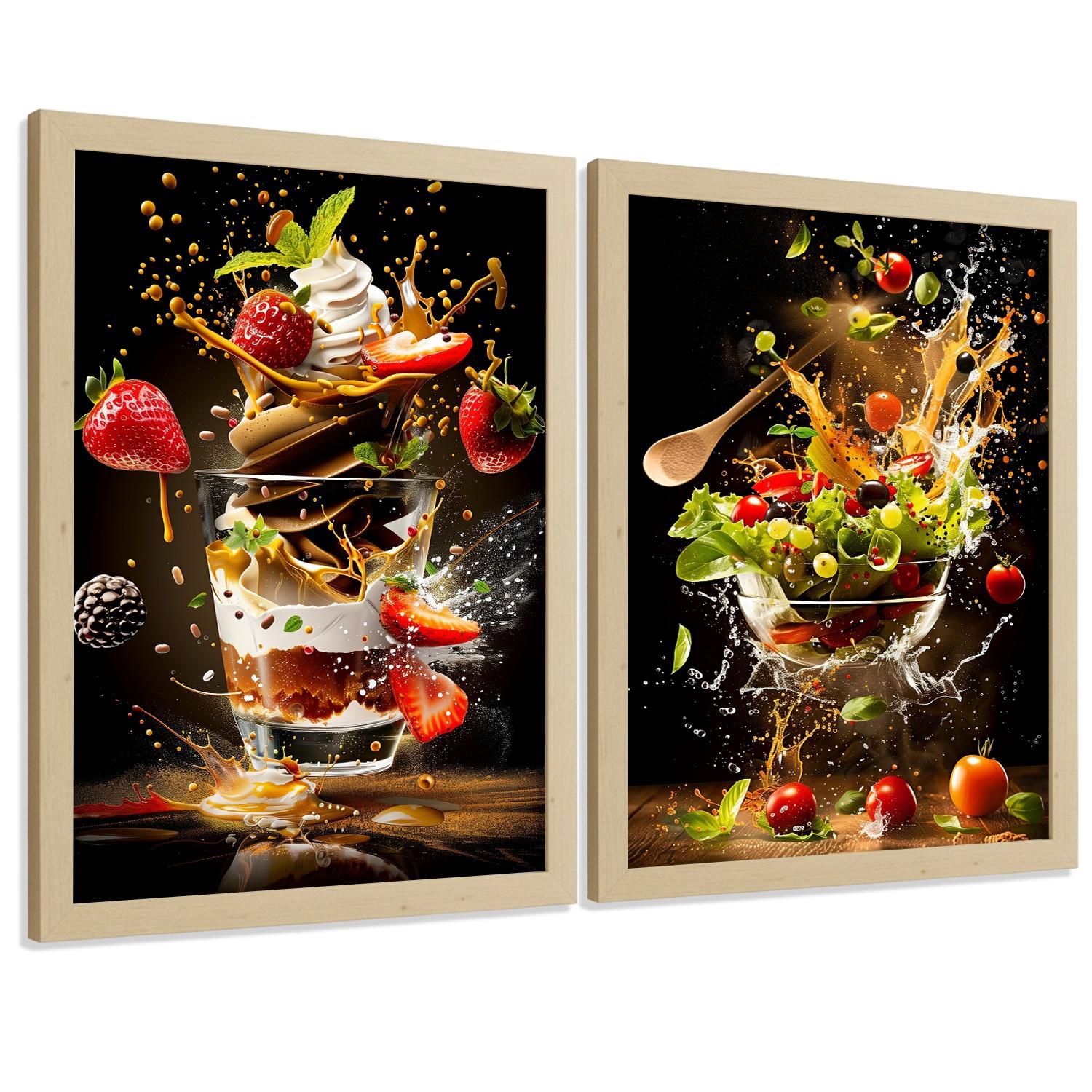 POSTER 2er Set Küchen-Wandbilder Erdbeer-Dessert und Salat Splash Fotografie Schwarzer Hintergrund Deko Rahmenlos A3 - Klar, Papier (29.7/1/42cm) - Nacnic